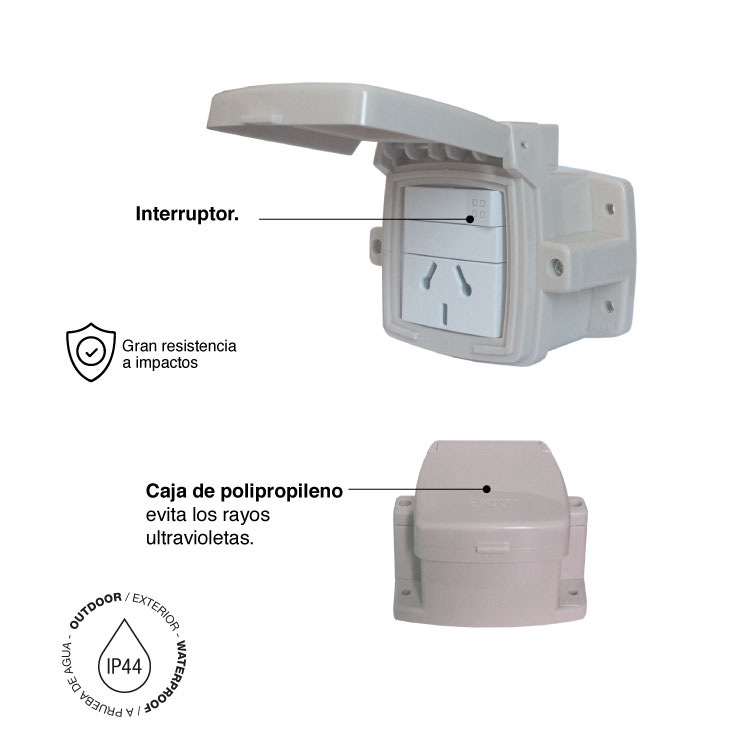 Tomacorriente con Interruptor de Aplicar para Exterior 96x57mm 10A, Beige