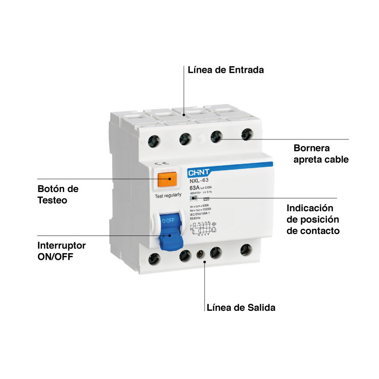 Interruptor Diferencial / Disyuntor TETRAPOLAR, 4x40A 30mA, Clase AC 6kA