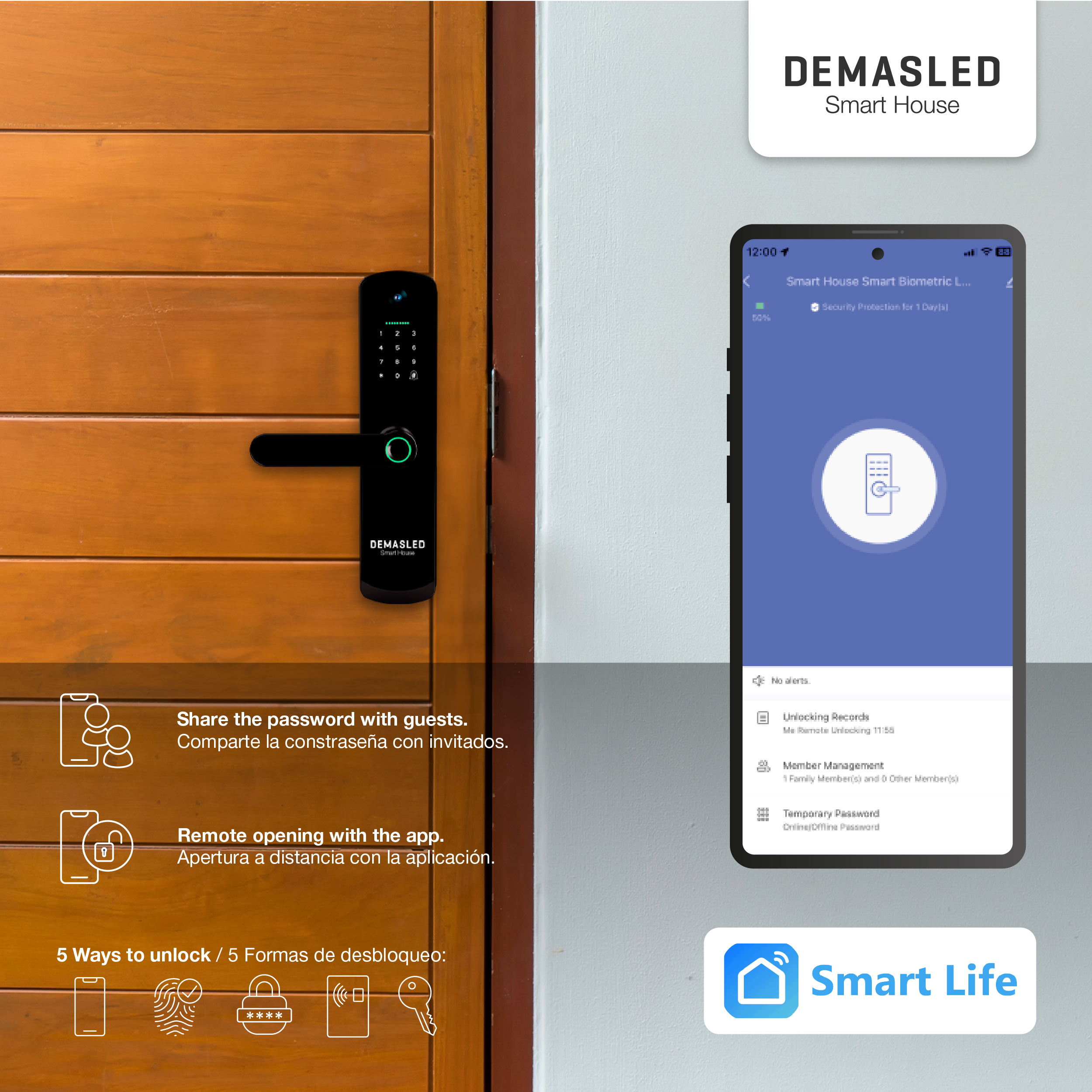 Cerradura Biométrica Smart WIFI de Vidrio Templado con Cámara