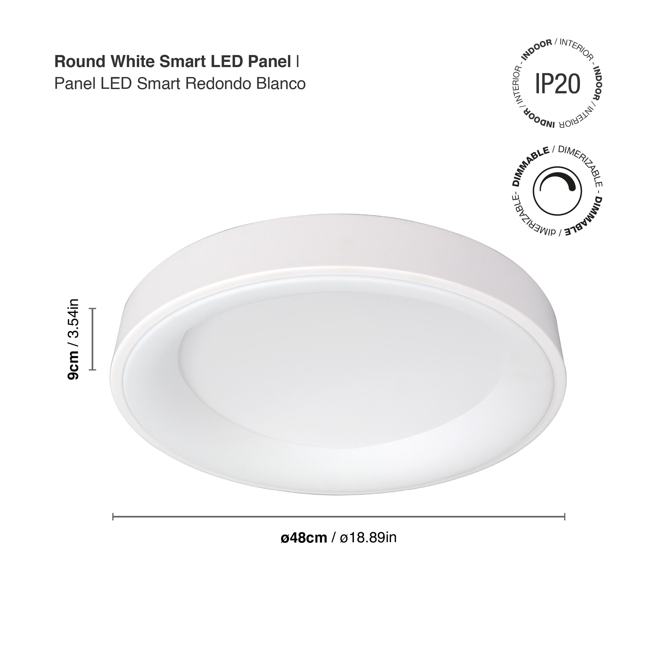 Panel LED Smart Redondo Blanco Ø48x9cm 48W 210mA CCT, de Aplicar