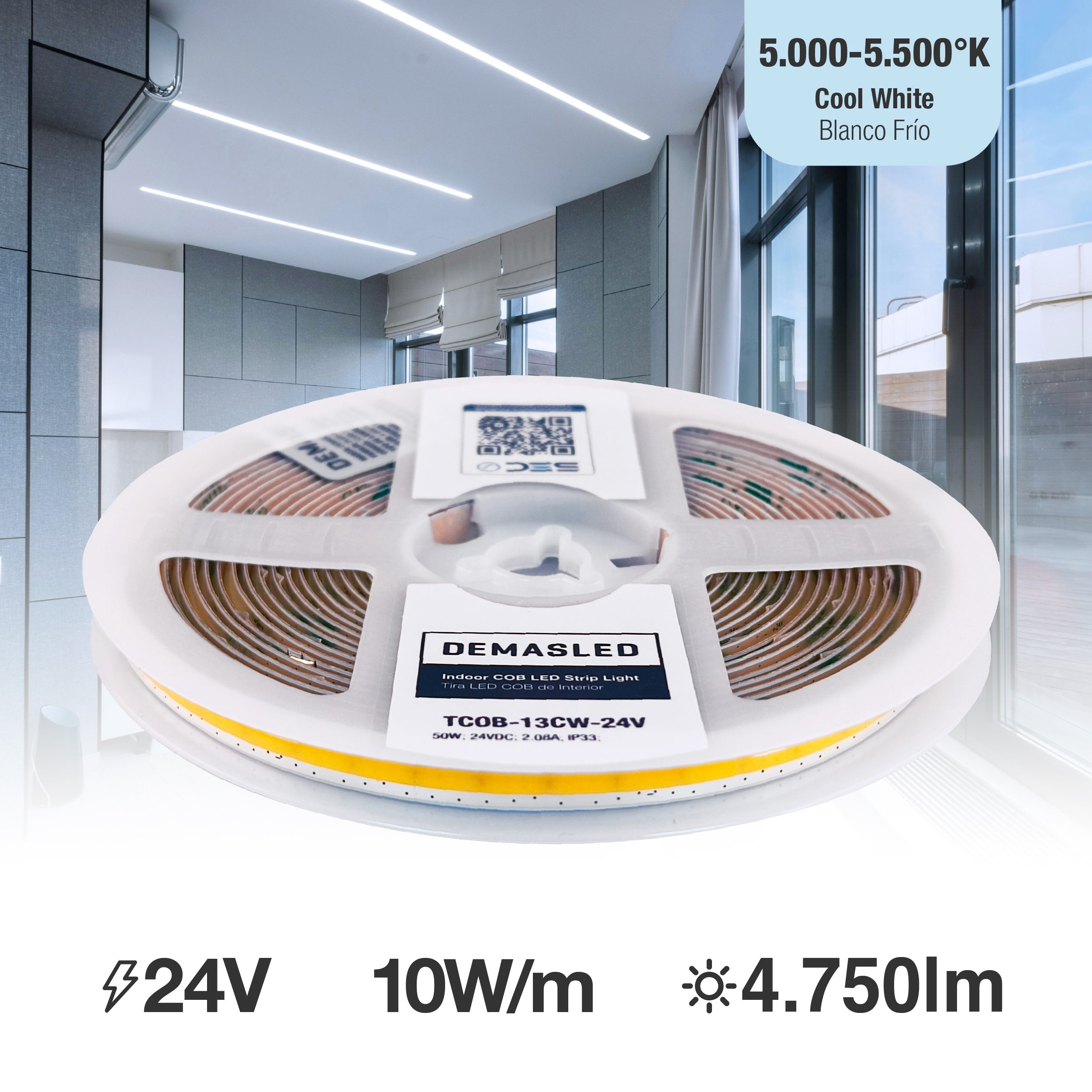 Tira LED COB Freecut 24V 10W/m Blanco Frío 950lm/m 528LEDs/m, 8mm PCB IP33 x5m