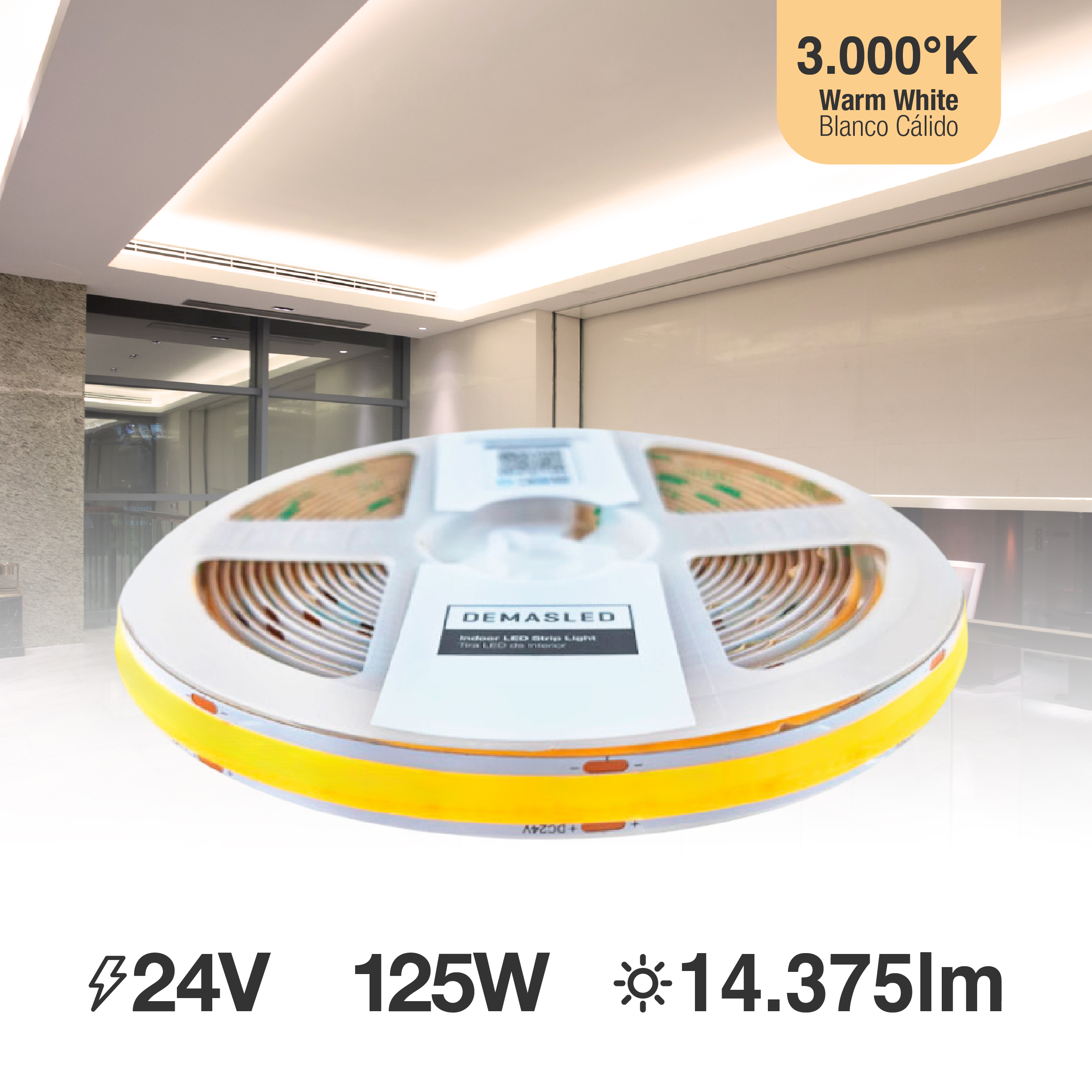 Tira LED COB 24V 25W/m Blanco Cálido 2875lm/m 960 LEDs/m, 15mm PCB IP33 x5m