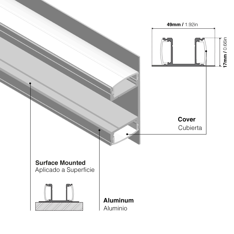 Perfil de Aluminio Duo Bidireccional 49x17mm Anodizado, Cover Opal Blanco x1m