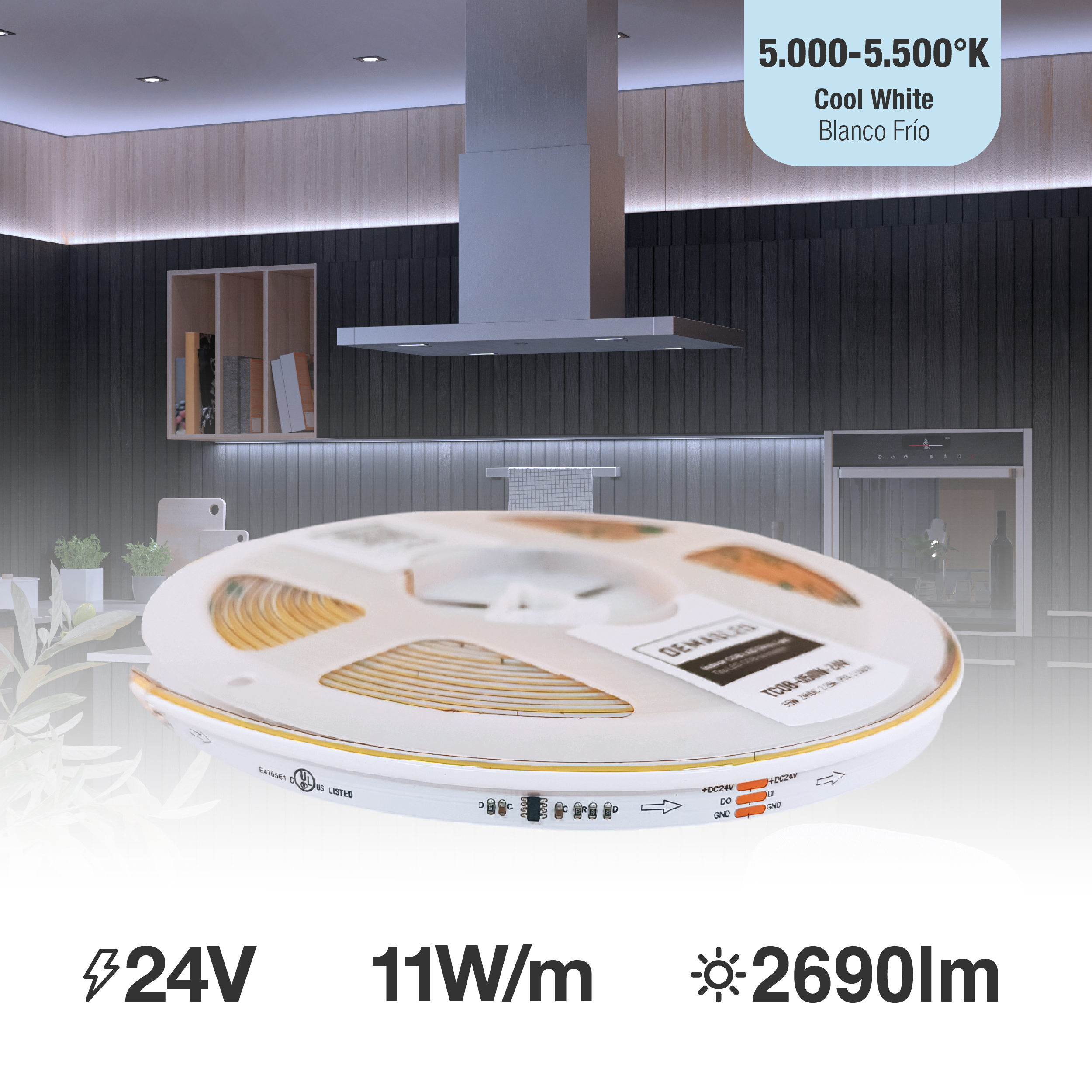 Tira LED COB Programable IC Pixel 24V 11W/m Blanco Frío 5000-5500K, 10mm PCB x5m
