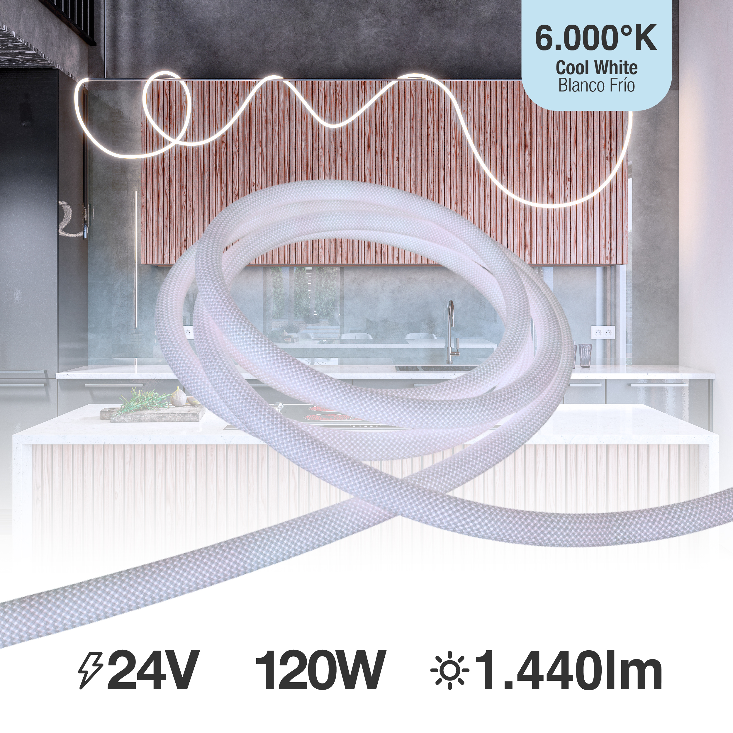 Tira LED Neón Flexible SMD2835, 24V 24W/m, Blanco Frío 240LEDs/m, 5m