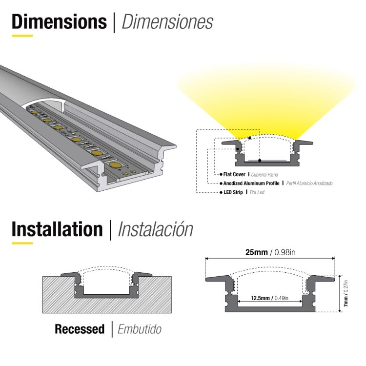 Perfil de Aluminio Negro, Difusor Opal Blanco, 17x7mm, 1m, para Embutir