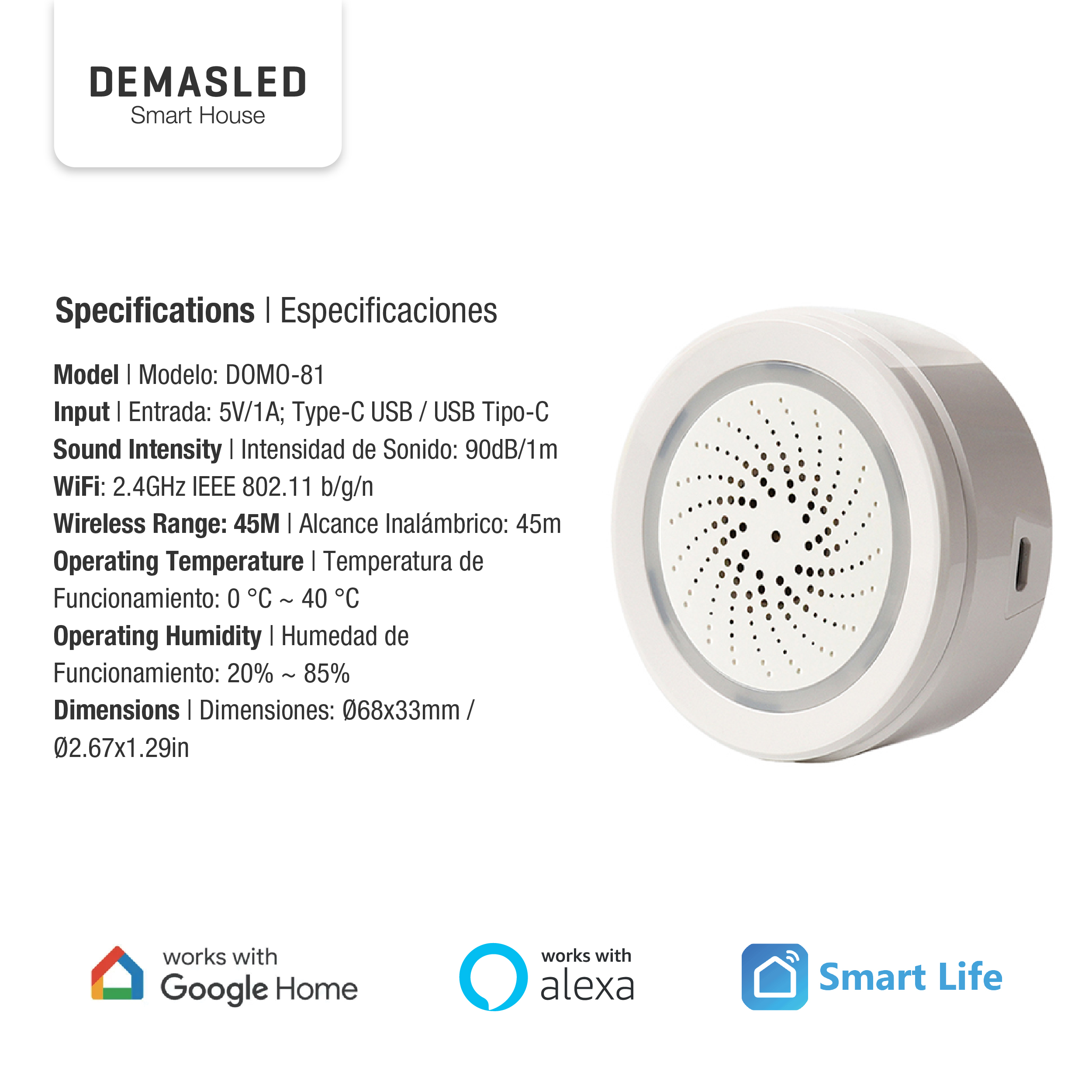 Sirena de Alarma Smart WiFi 100dB 2.4GHz