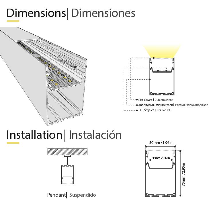 Perfil de Aluminio Linear 75x50mm Blanco, Cover Opal Blanco x2m