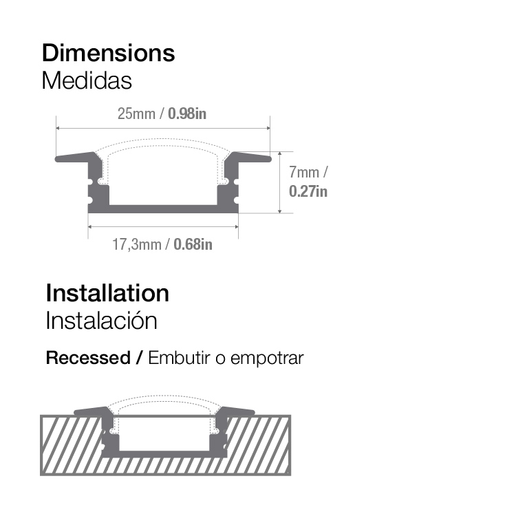 Perfil de Aluminio Anodizado, Difusor Transparente, 17x7mm, 1m, para Embutir