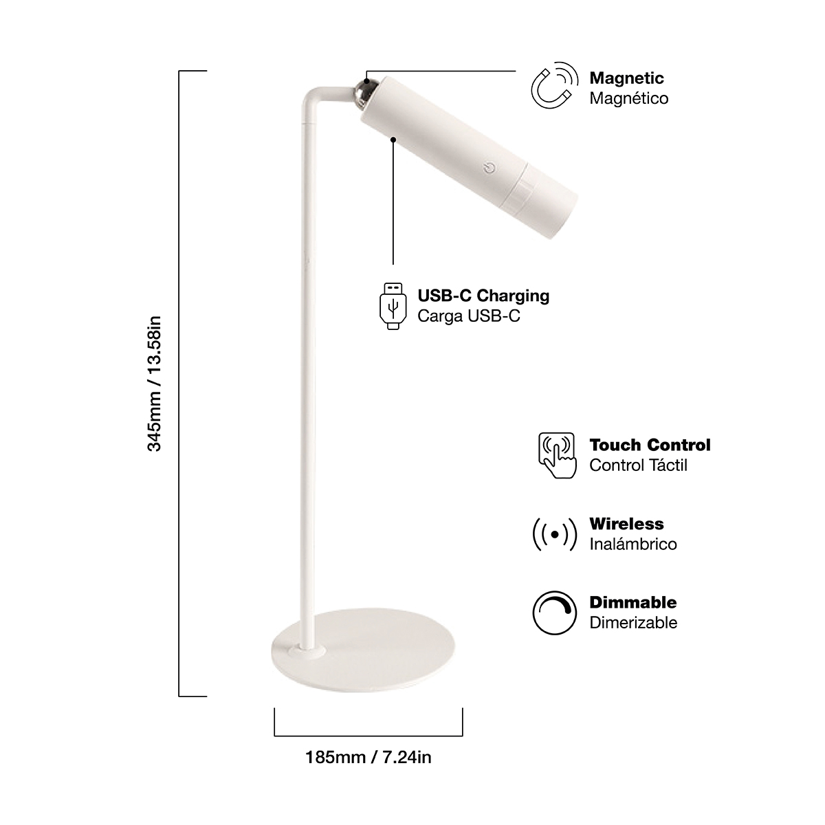 Lámpara Velador Magnético Blanco 3W Blanco Cálido 3000K Batería Recargable 1200mAh 