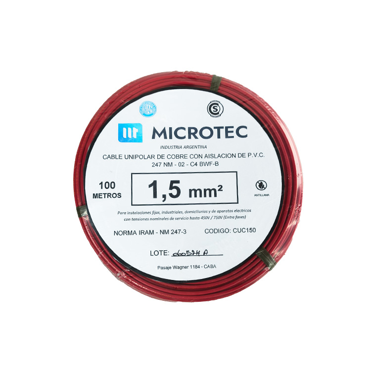 Cable Unipolar 1x1,50mm C4 Rojo x100m