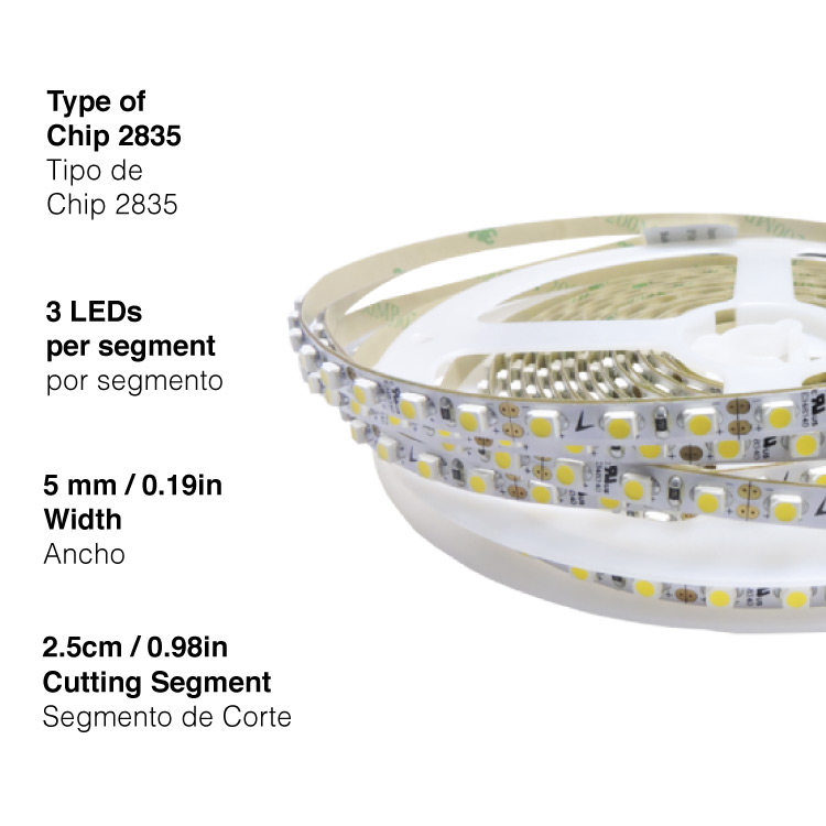 Tira LED SMD2835, 12V 12W/m Blanco Frío, 1200 lm/m, 120 LEDs/m, 5m