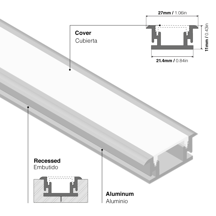 Perfil de Aluminio de Embutir en Piso 21x11mm Anodizado, Cover Opal Blanco x2m