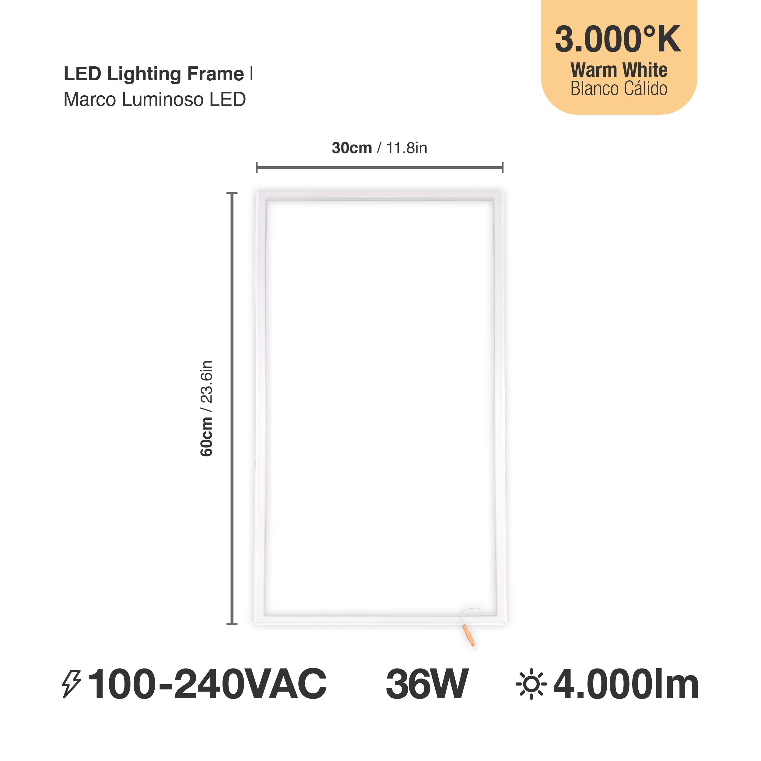 Marco Luminoso LED de 60x30cm 36W 4000lm blanco Cálido 3000K