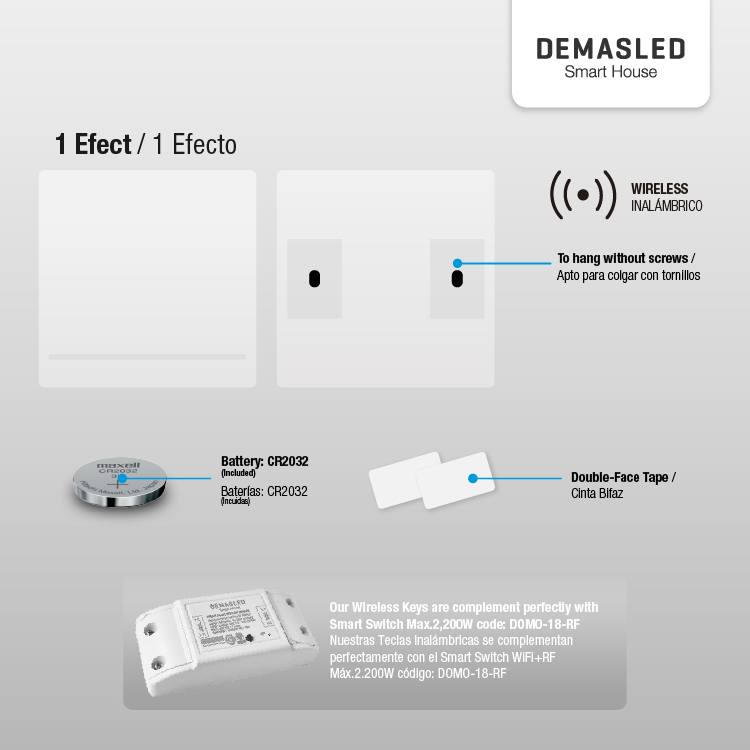 Tecla inalámbrica RF, 1 Efecto Smart House, Blanco