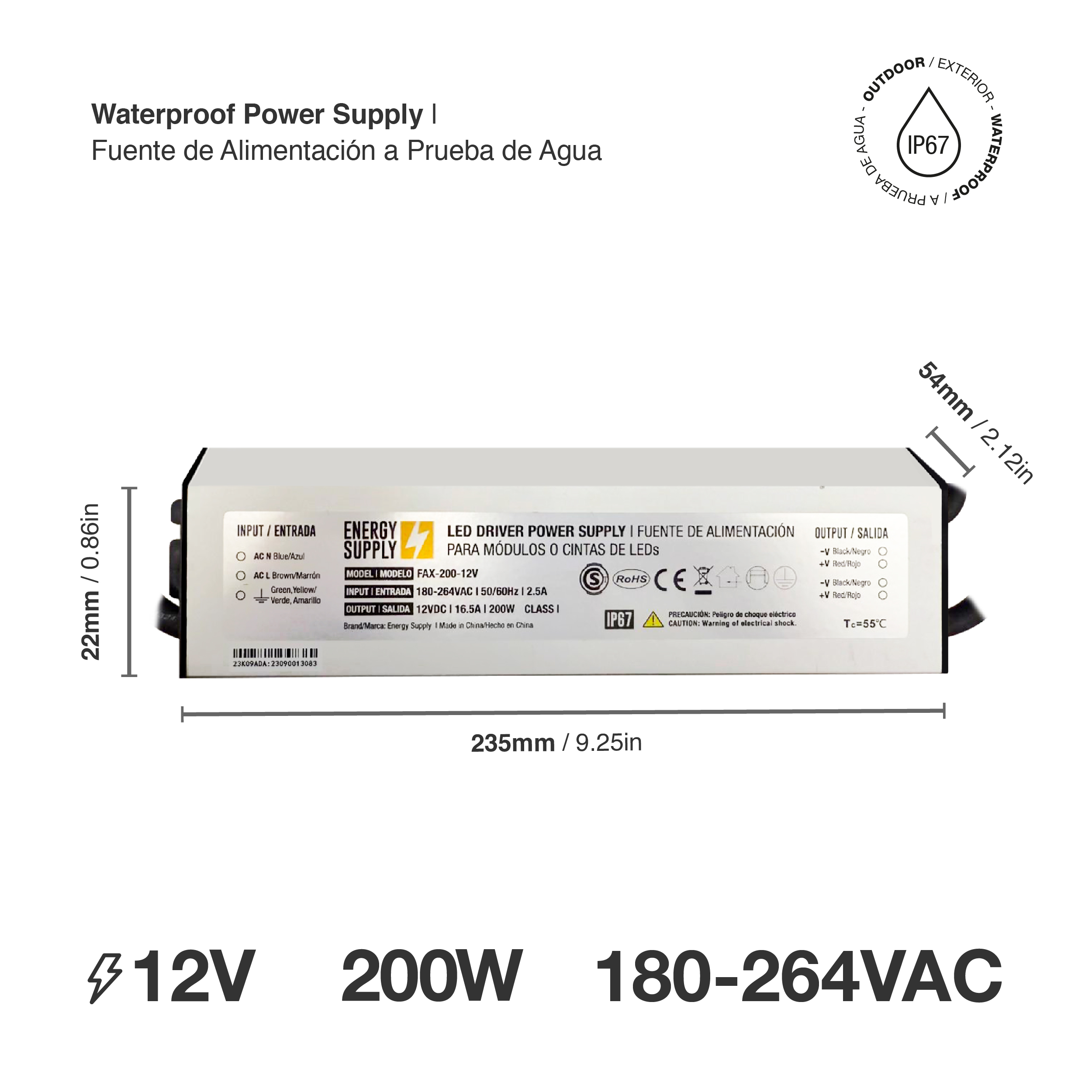 Fuente Switching 12V 16.5A 198W, 180-264VAC Exterior IP67