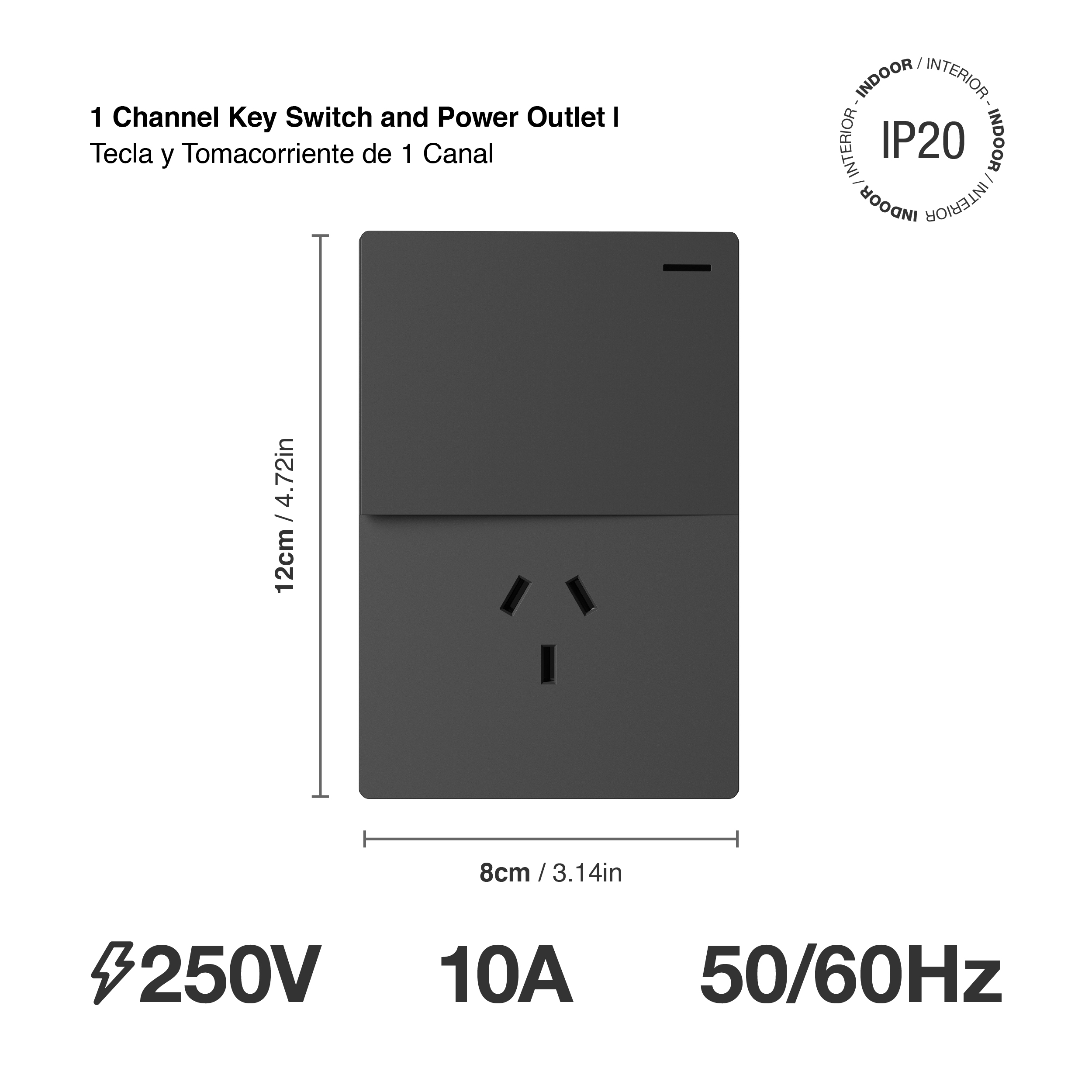 Tecla y Tomacorriente de 1 Canal, 10A Máx. AC 250V, Gris