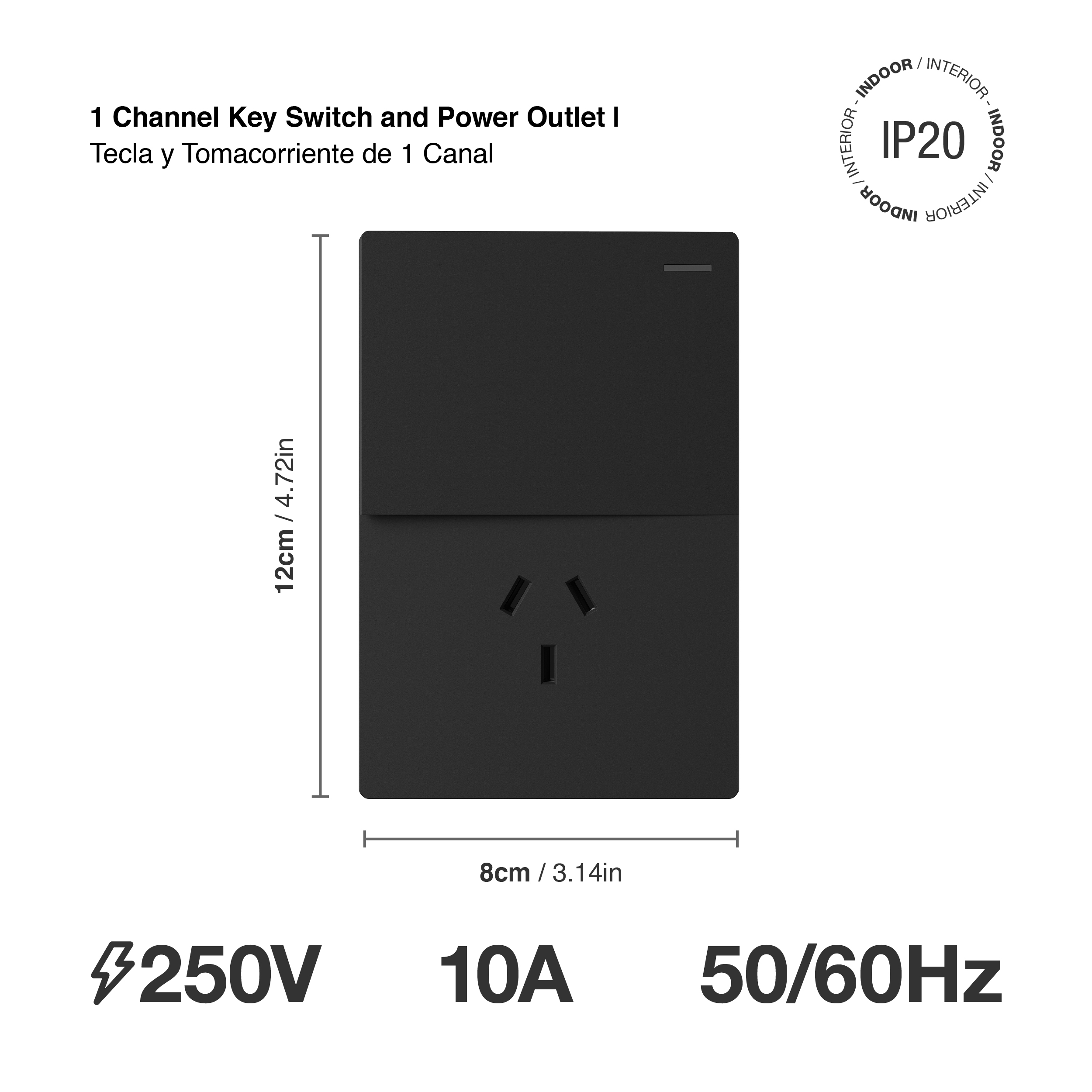 Tecla y Tomacorriente de 1 Canal, 10A Máx. AC 250V, Negro