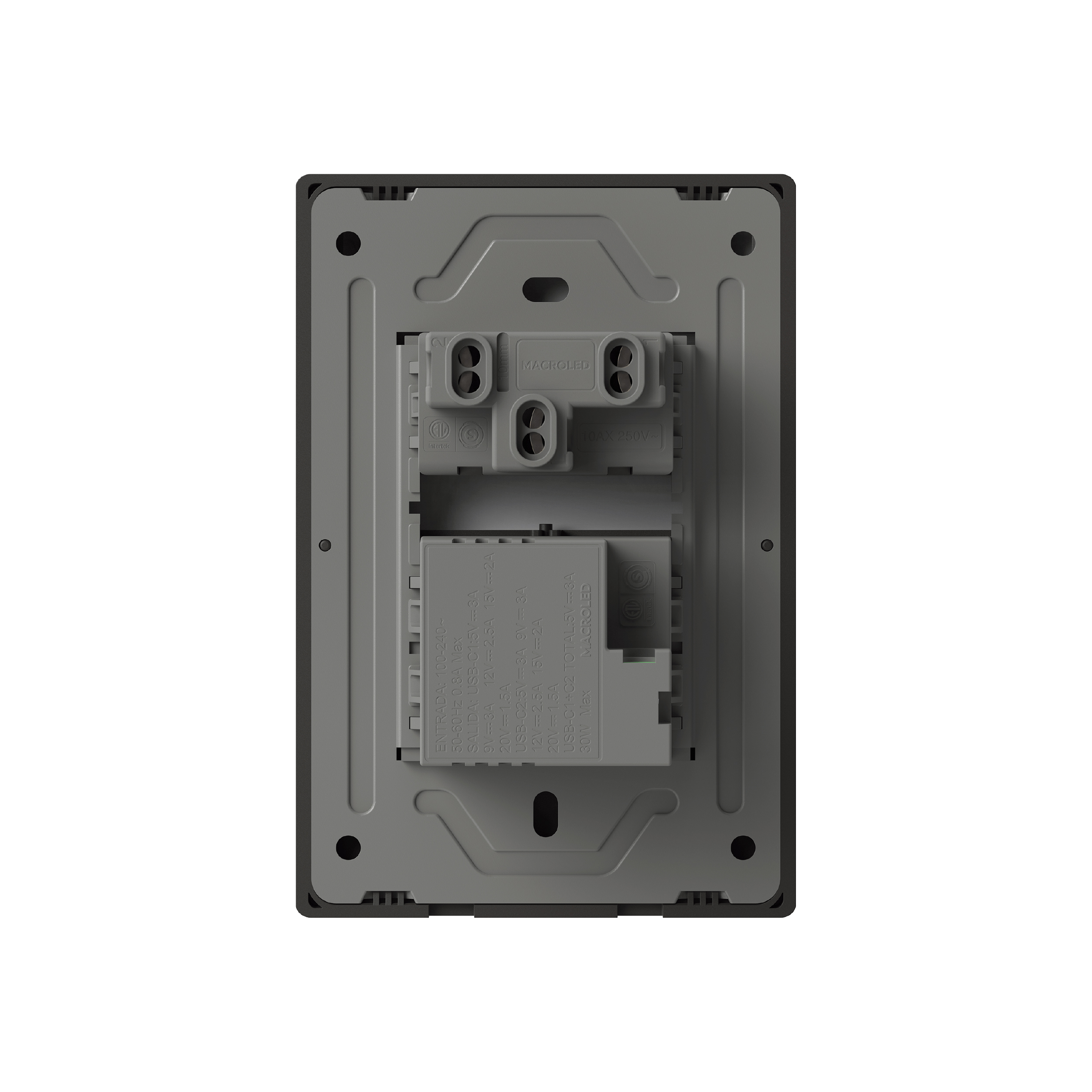 Tecla y 2 USB-C de 30W, 1 Canal 2 Vías 10A Máx. AC 250V, Gris