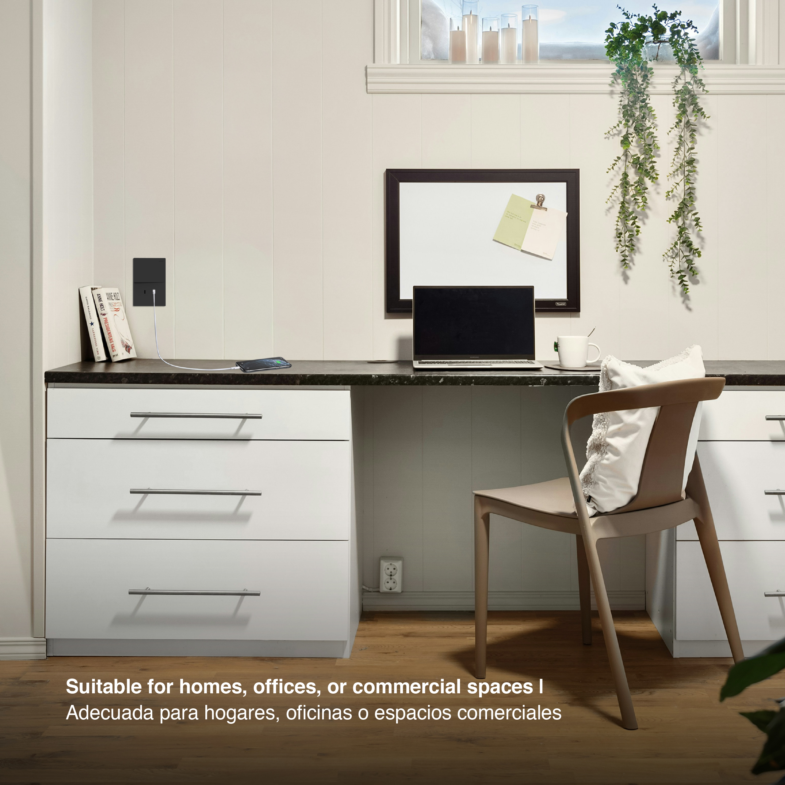 Tecla y 2 USB-C de 30W, 1 Canal 2 Vías 10A Máx. AC 250V, Negro