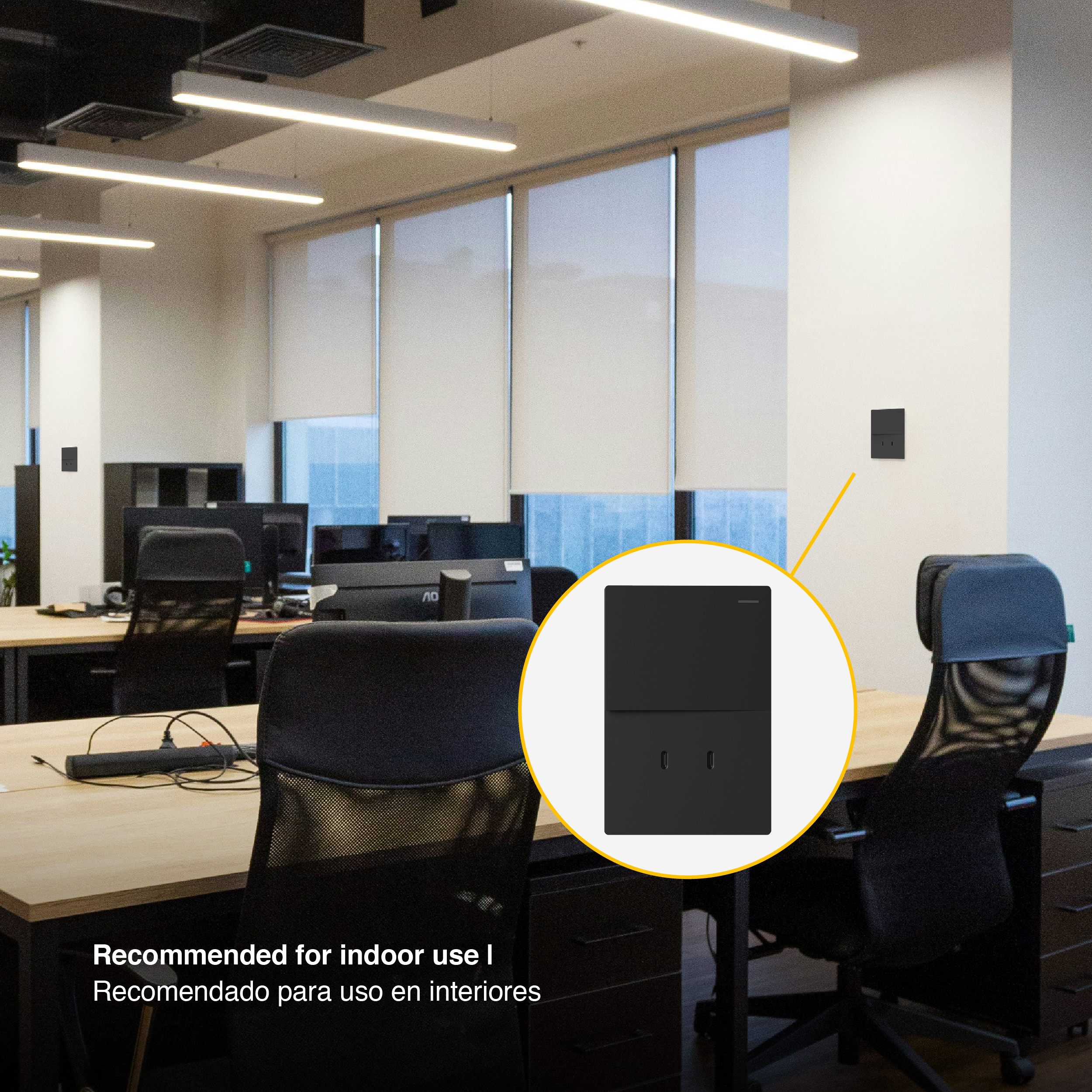 Tecla y 2 USB-C de 30W, 1 Canal 2 Vías 10A Máx. AC 250V, Negro