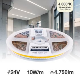 Tira LED COB Freecut 24V 10W/m Blanco Neutro 4000°K 950lm/m 528LEDs/m, 8mm PCB IP33 x5m
