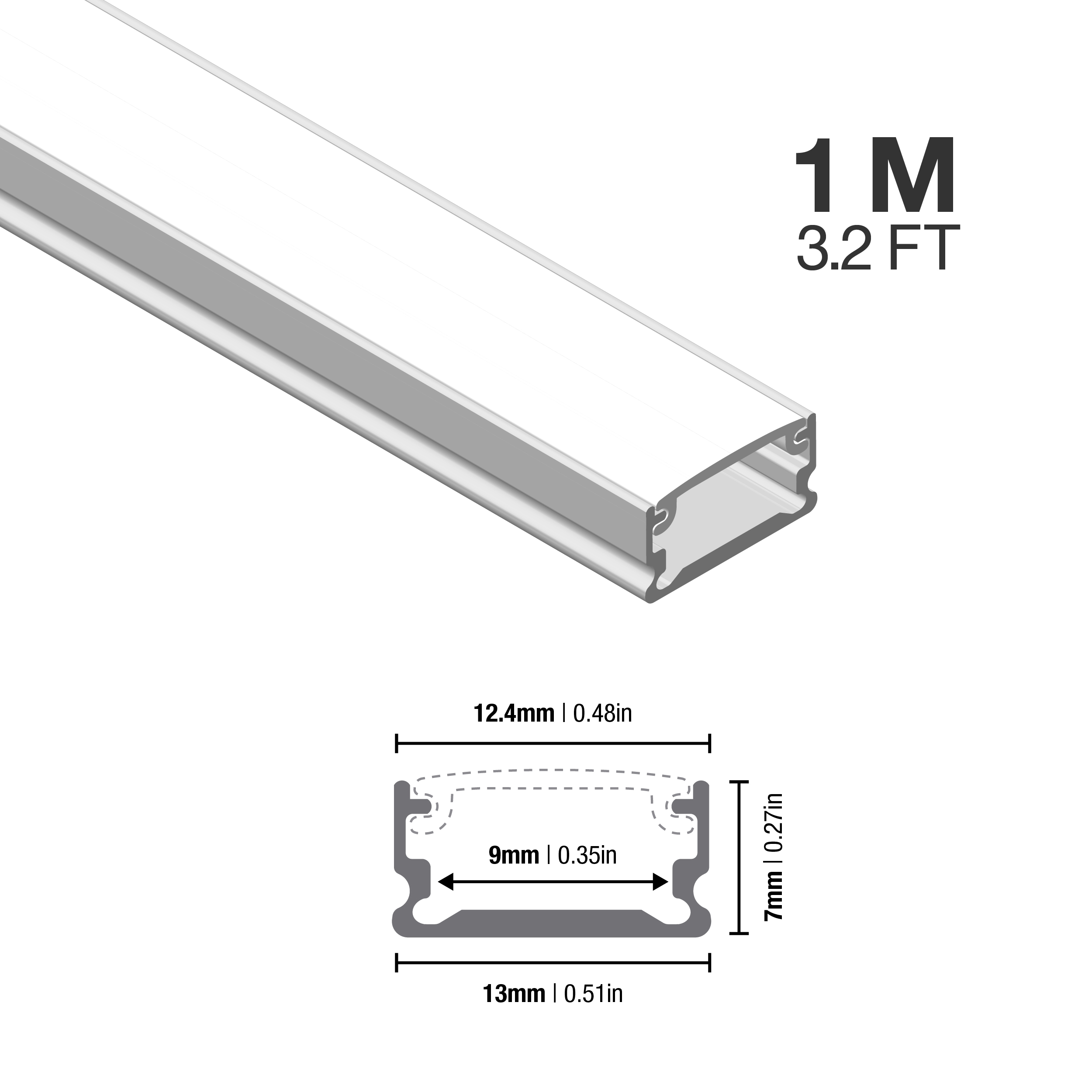 Perfil de Aluminio Flat 13x7mm Anodizado, Cover Opal Blanco x1m