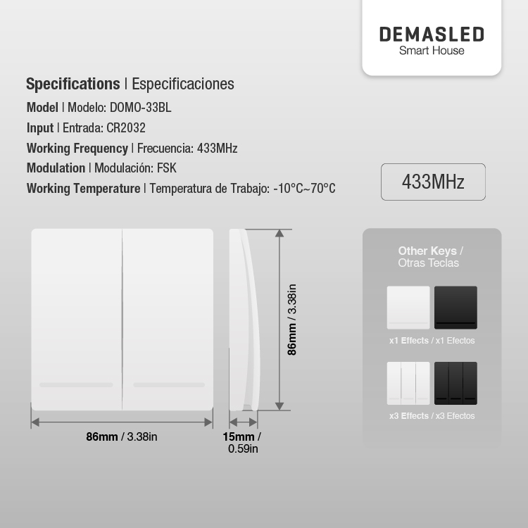 Tecla inalámbrica  RF, 2 Efectos Smart House, Blanco