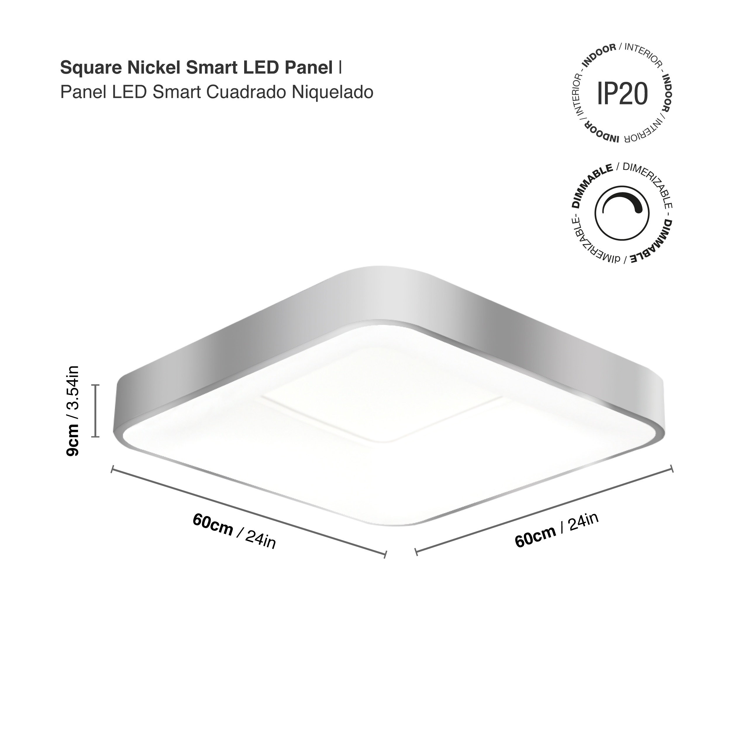 Panel LED Smart Cuadrado Níquel 60x60x9cm 60W 270mA CCT, de Aplicar