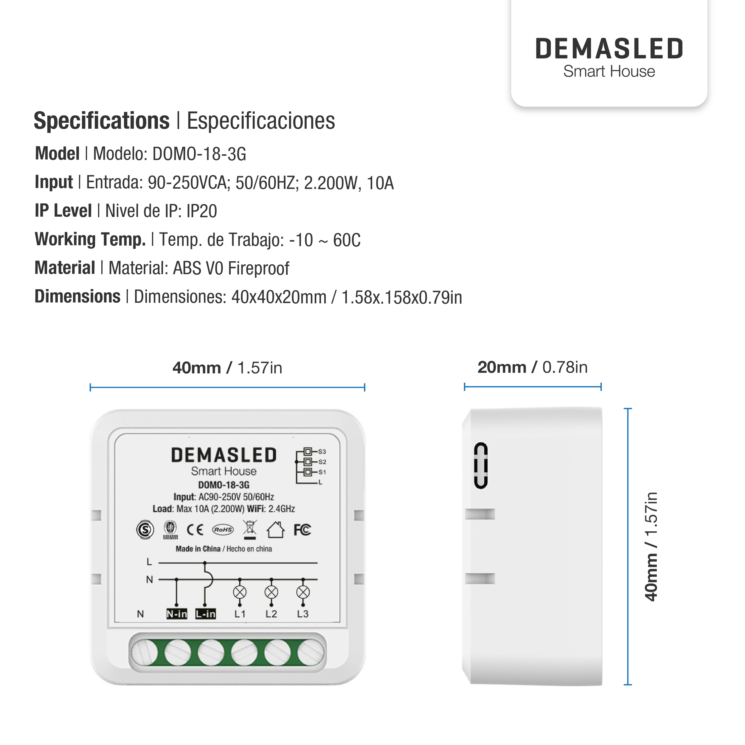 Mini Smart Switch WiFi+RF 3 Canales, 100-240Vac 50-60Hz 10A max 2.4GHz