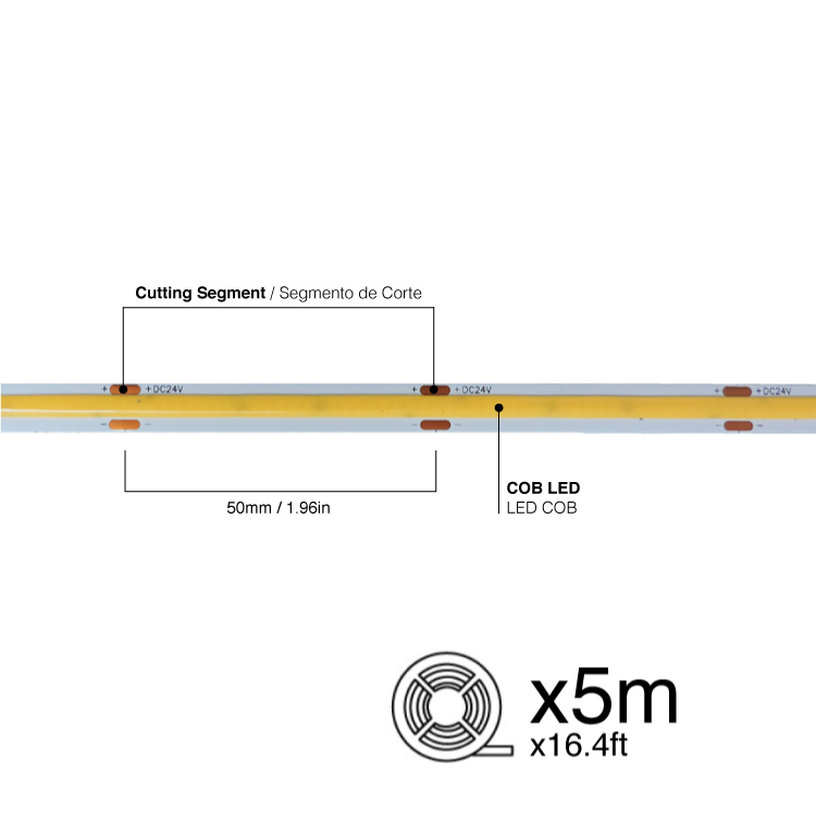 Tira LED COB 24V 11W/m Blanco Neutro 1012lm/m 480 LEDs/m 8mm IP65, 5m