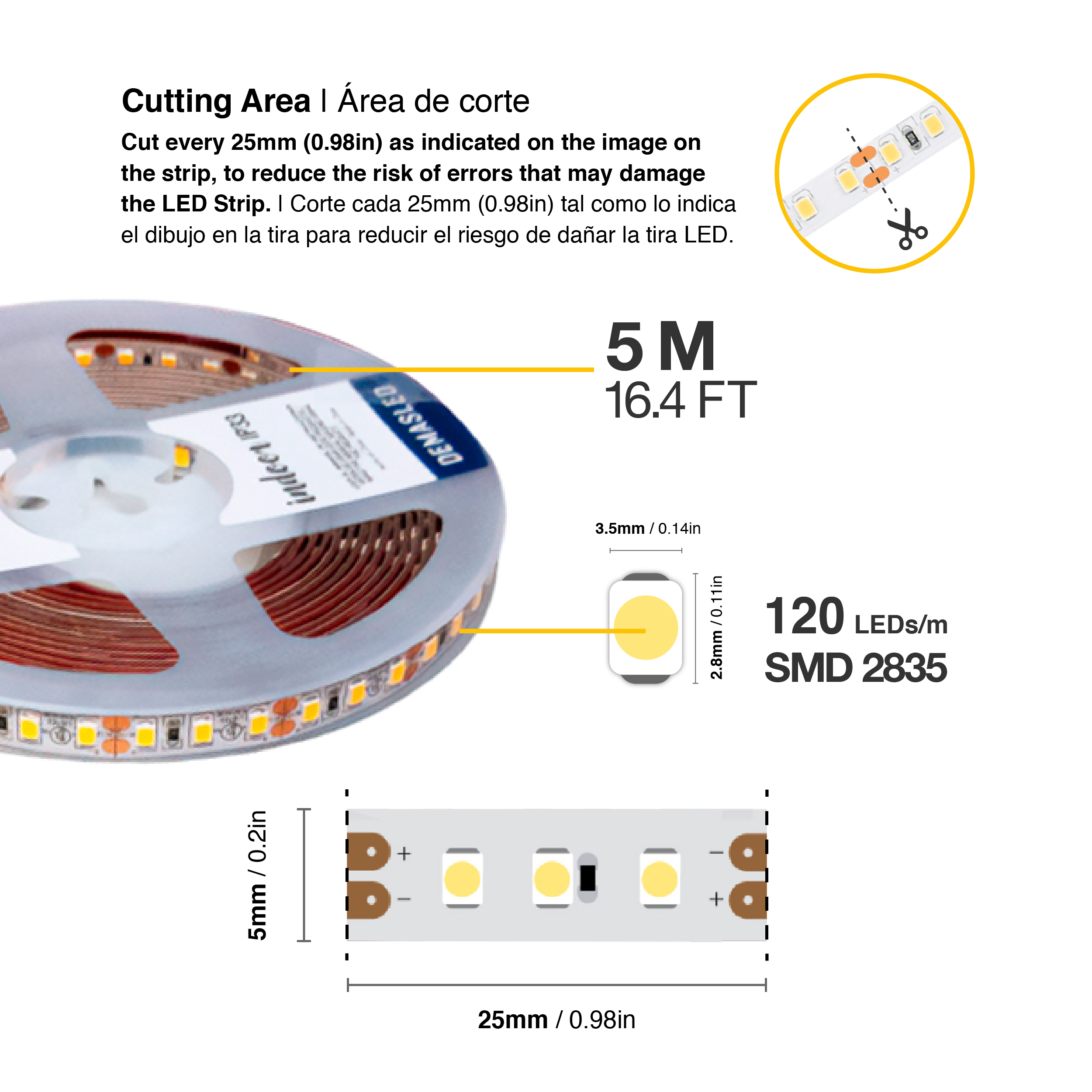 Tira LED SMD2835 24V 12W/m, Frío 1200lm/m 120 LEDs/m, 8mm PBC, 5m