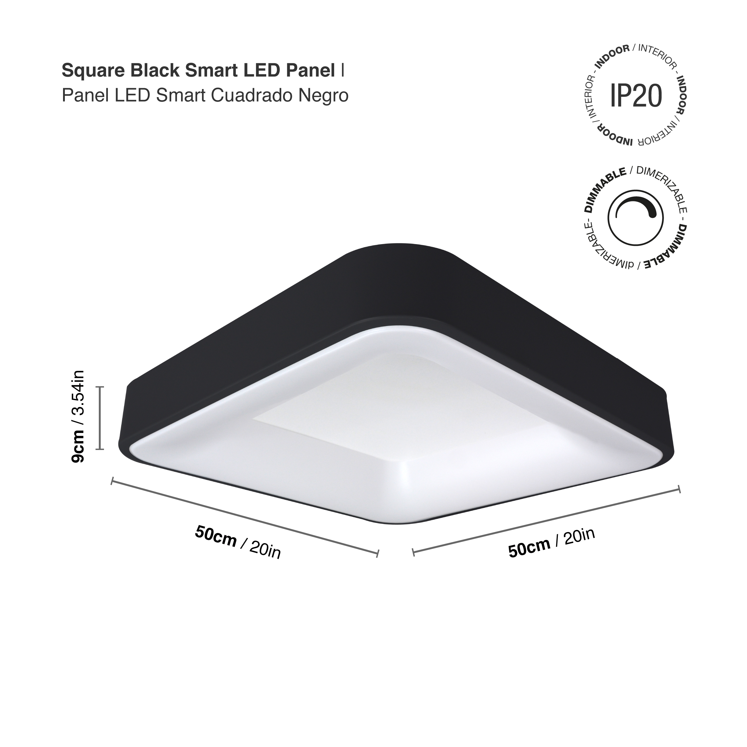 Panel LED Smart Cuadrado Negro 50x50x9cm 48W 210mA CCT, de Aplicar