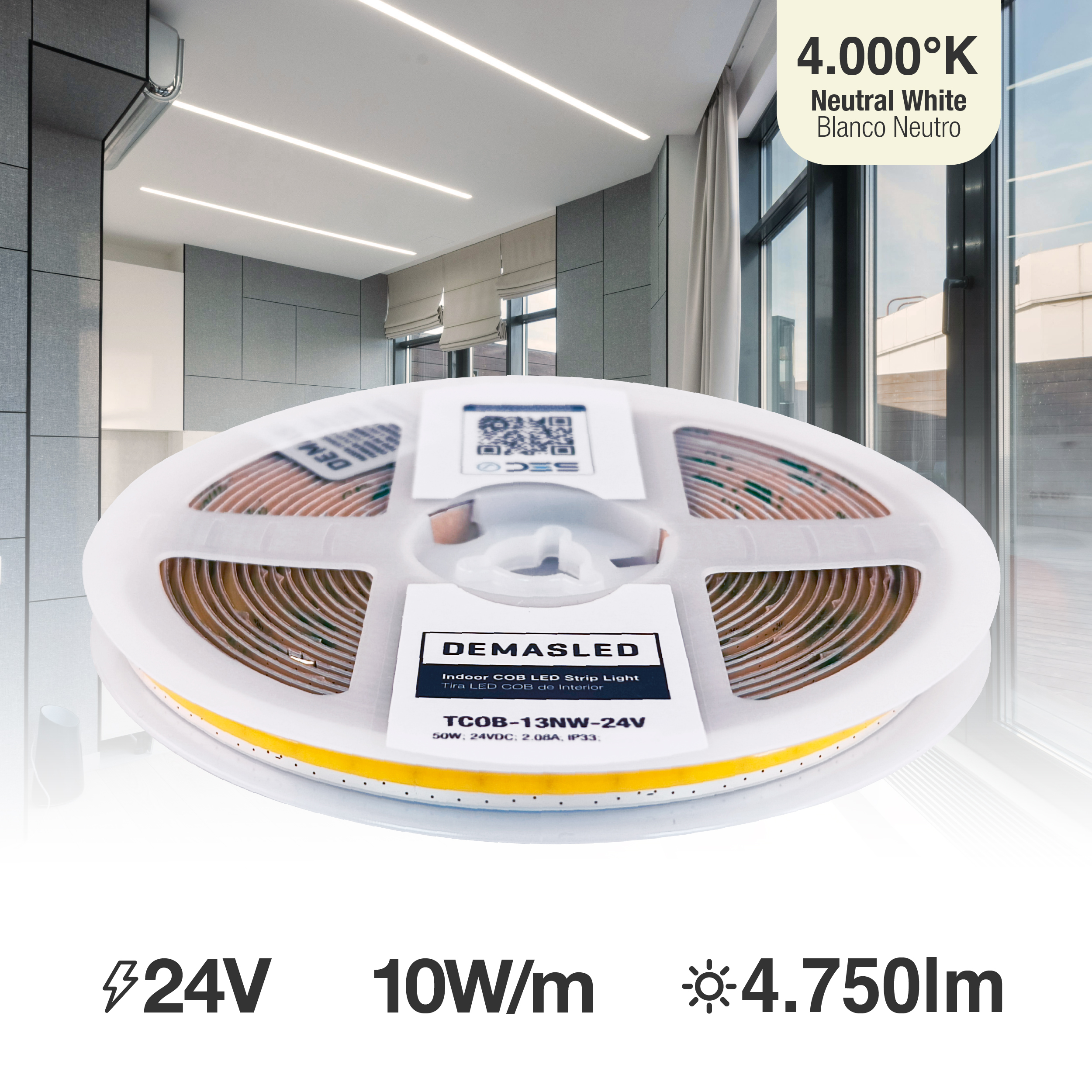 Tira LED COB Freecut 24V 10W/m Blanco Neutro 4000°K 950lm/m 528LEDs/m, 8mm PCB IP33 x5m