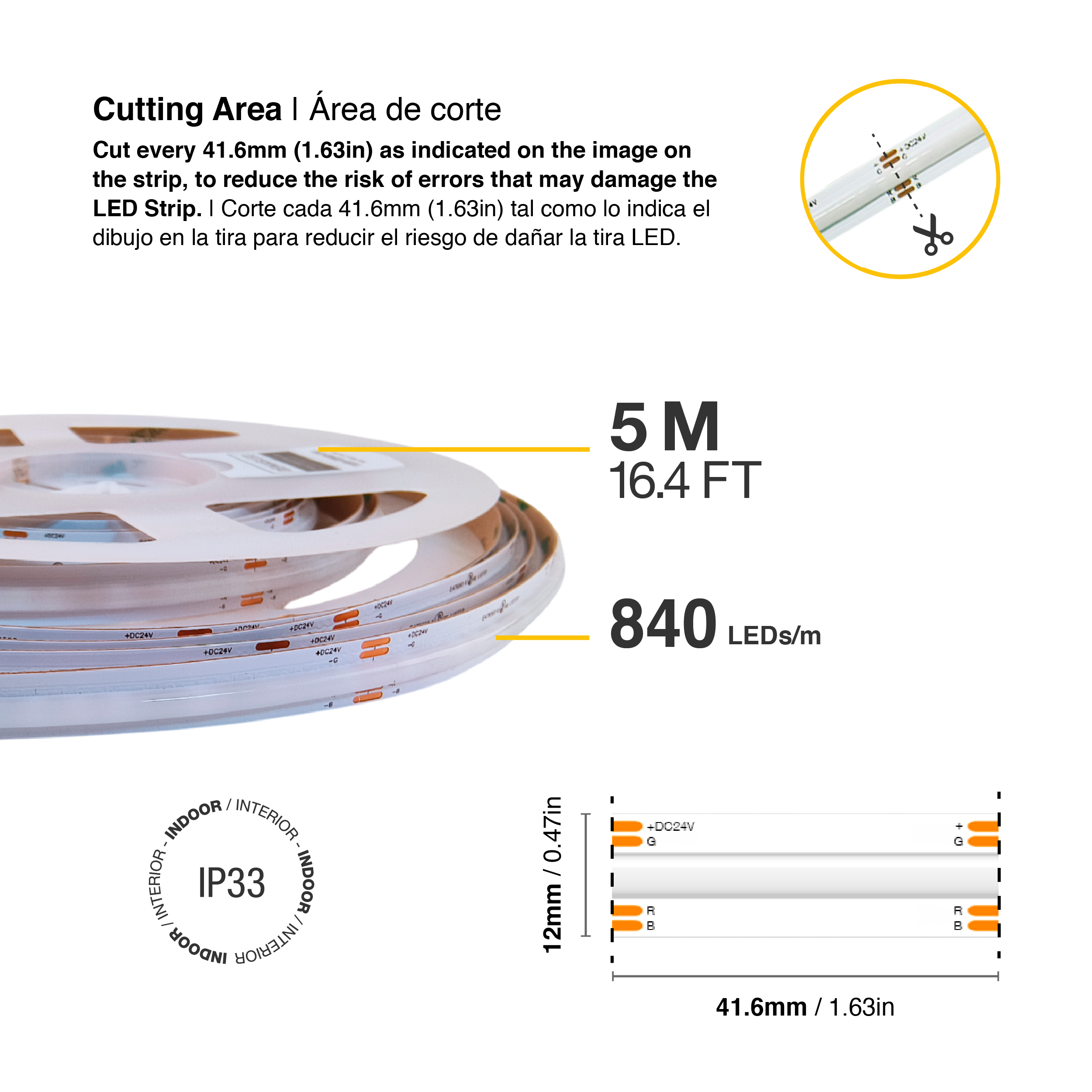 Tira LED COB 24V 16W/m RGB+CCT 860lm/w 840LEDs/m, 12mm PCB x5m