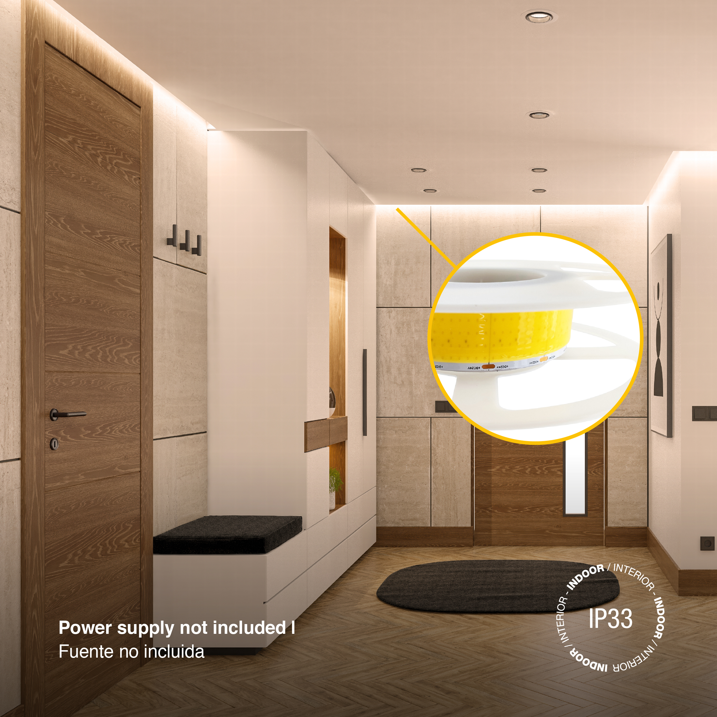 Tira LED COB 24V 40W/m Blanco Cálido 4800lm/m 1600 LEDs/m, 30mm PCB IP33 x5m 