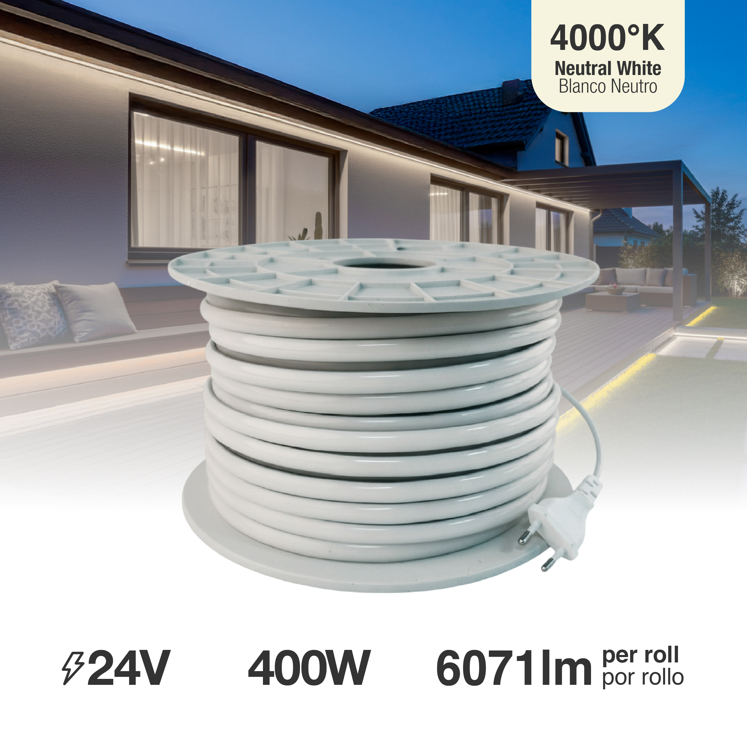 Tira LED COB IP67 220-240V, 400W Blanco Neutro 4000K 560LEDs/m, 50m