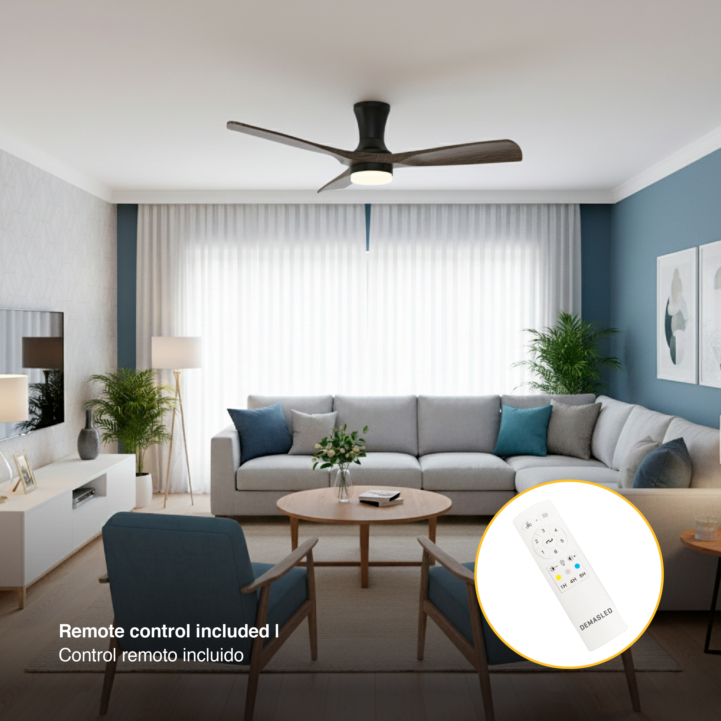 Ventilador de Techo con Luz LED CCT 1300x300mm Negro Madera 22W con Control Remoto Bluetooth IP65