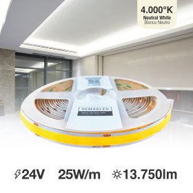 Tira LED COB 24V 25W/m Blanco Neutro 2750lm/m 960 LEDs/m, 15mm PCB IP33 x5m