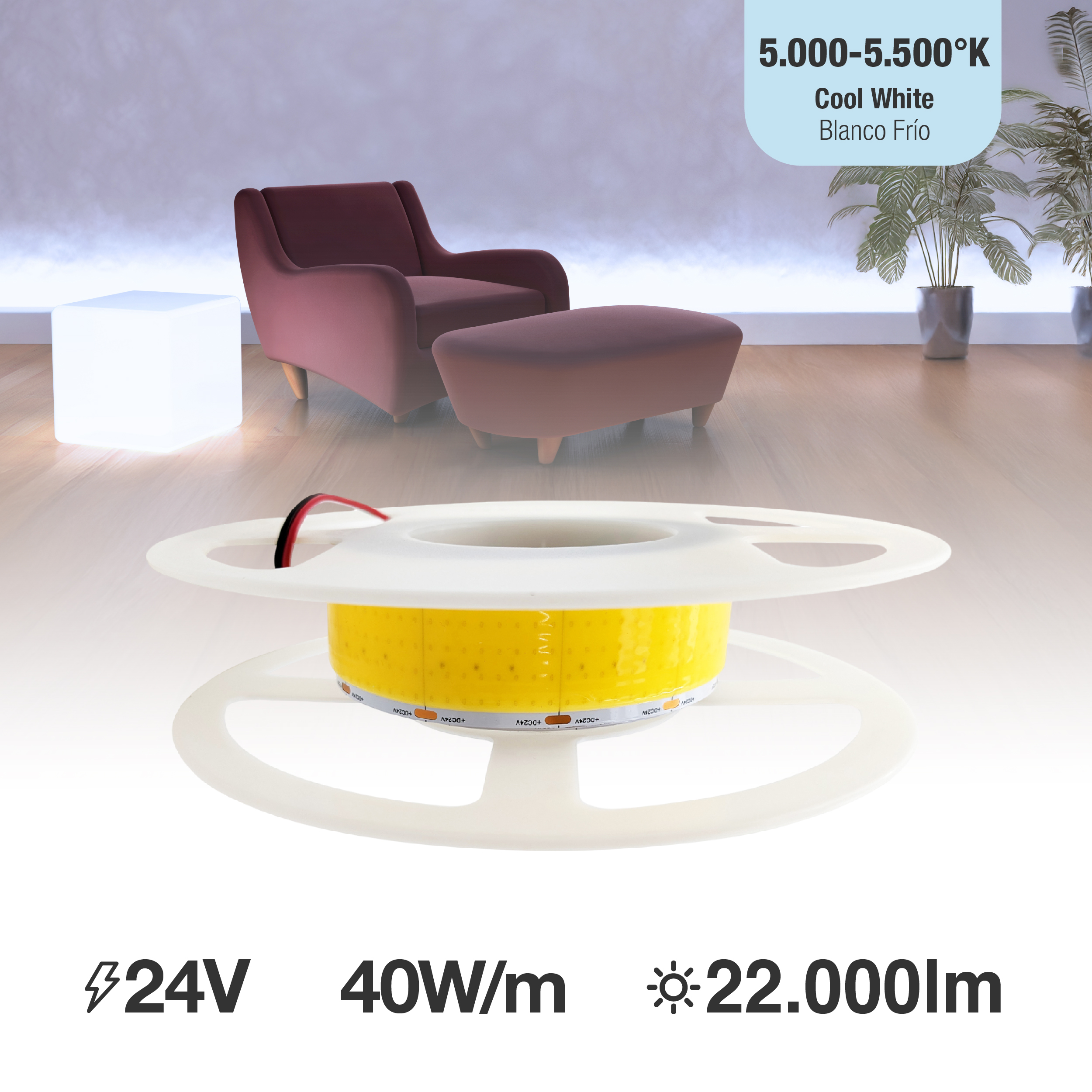 Tira LED COB 24V 40W/m Blanco Frío 4400lm/m 1600 LEDs/m, 30mm PCB IP33 x5m