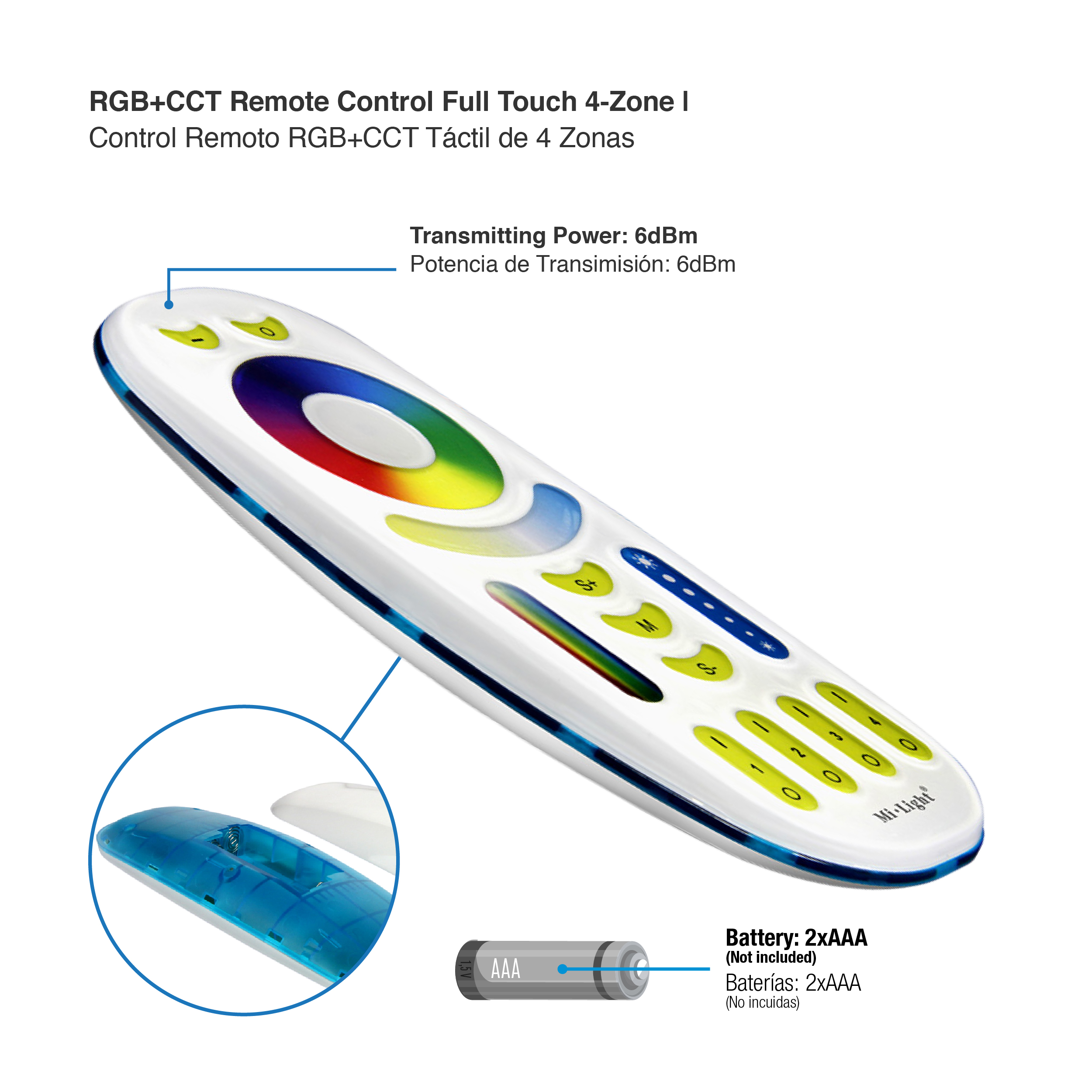 Control Remoto RGB+CCT táctil de 4 zonas 3V 2.4 GHz