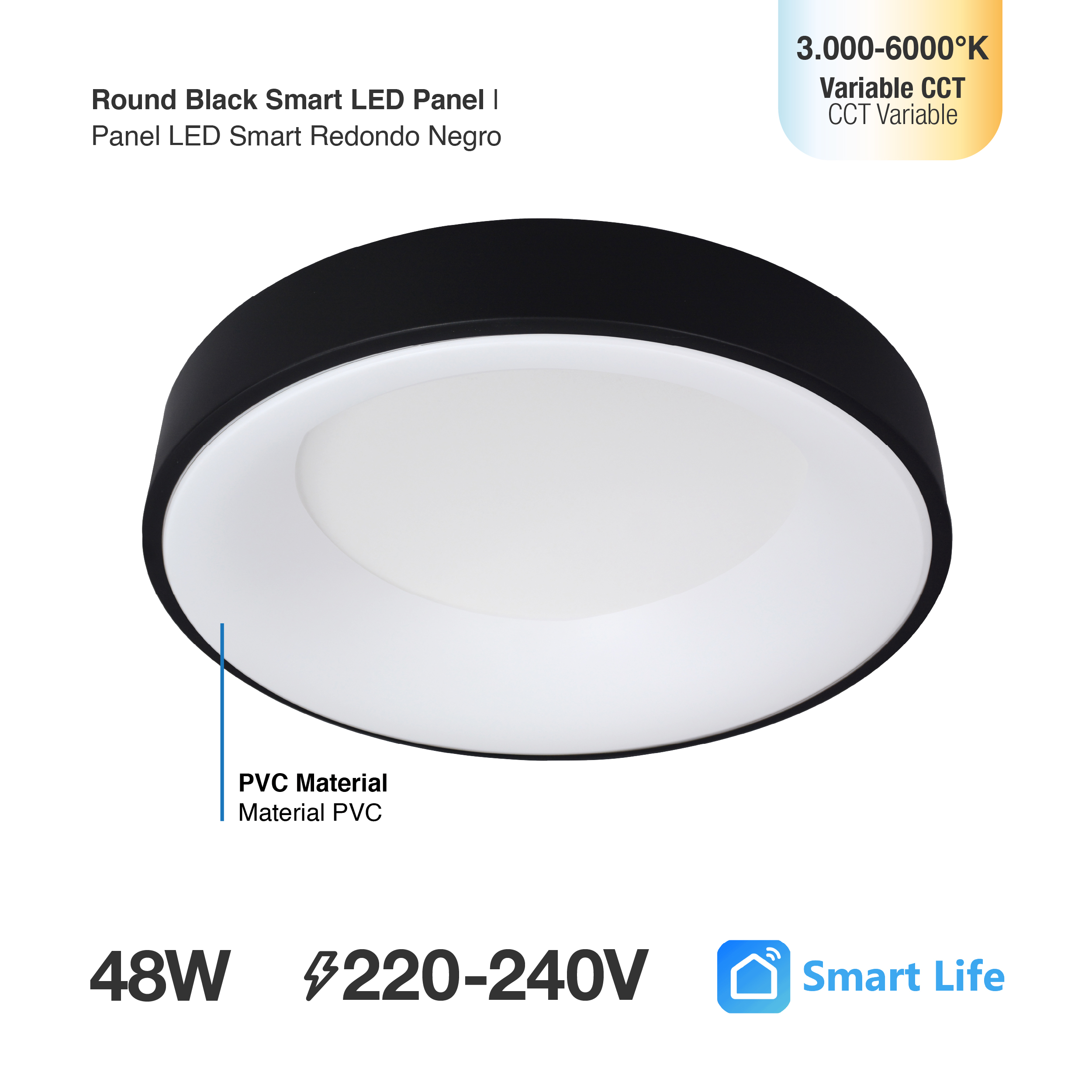 Panel LED Smart Redondo Negro Ø48x9cm 48W 210mA CCT, de Aplicar