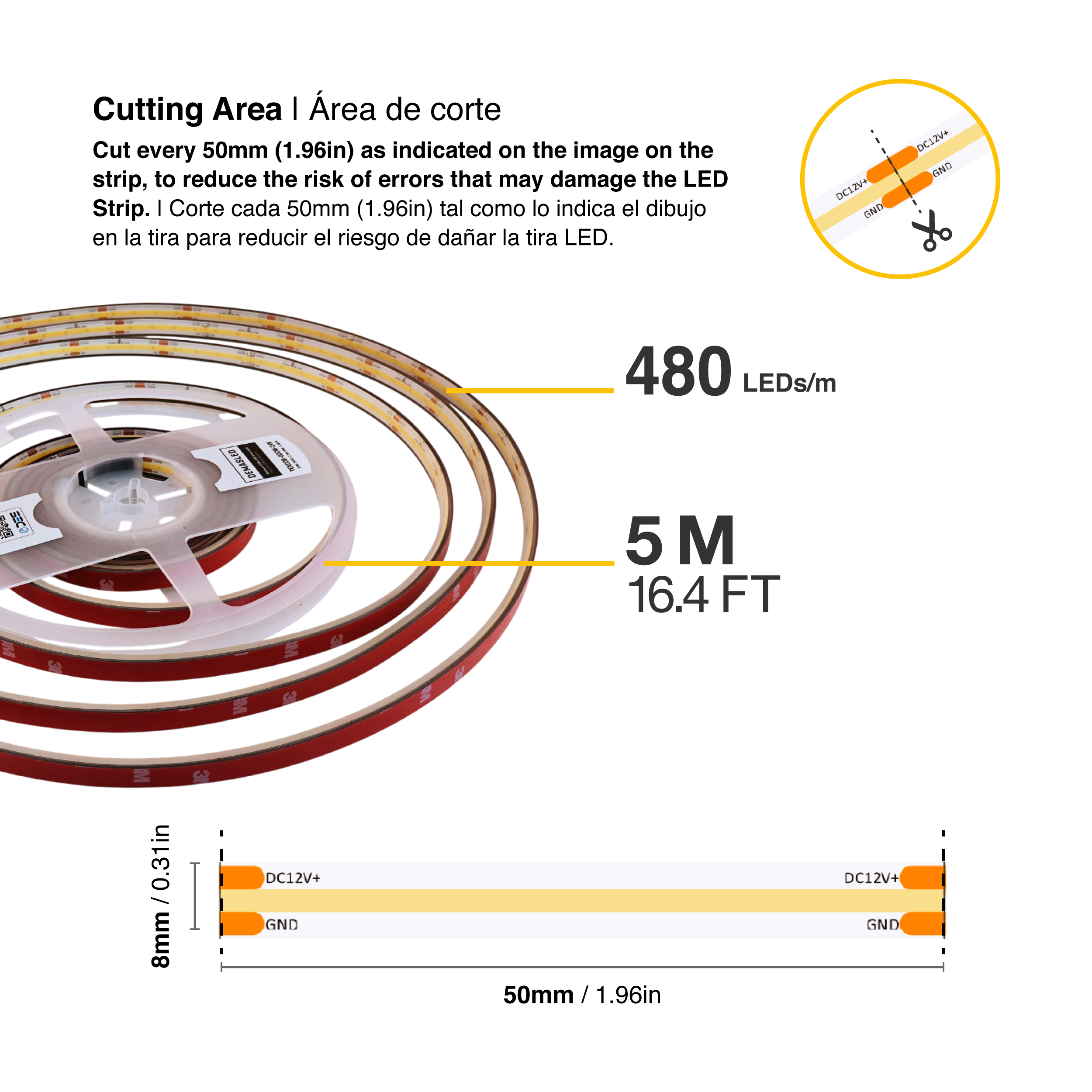 Tira LED COB 24V 11W/m Blanco Frío 1100lm/m 480LEDs/m 11mm IP68, 5m