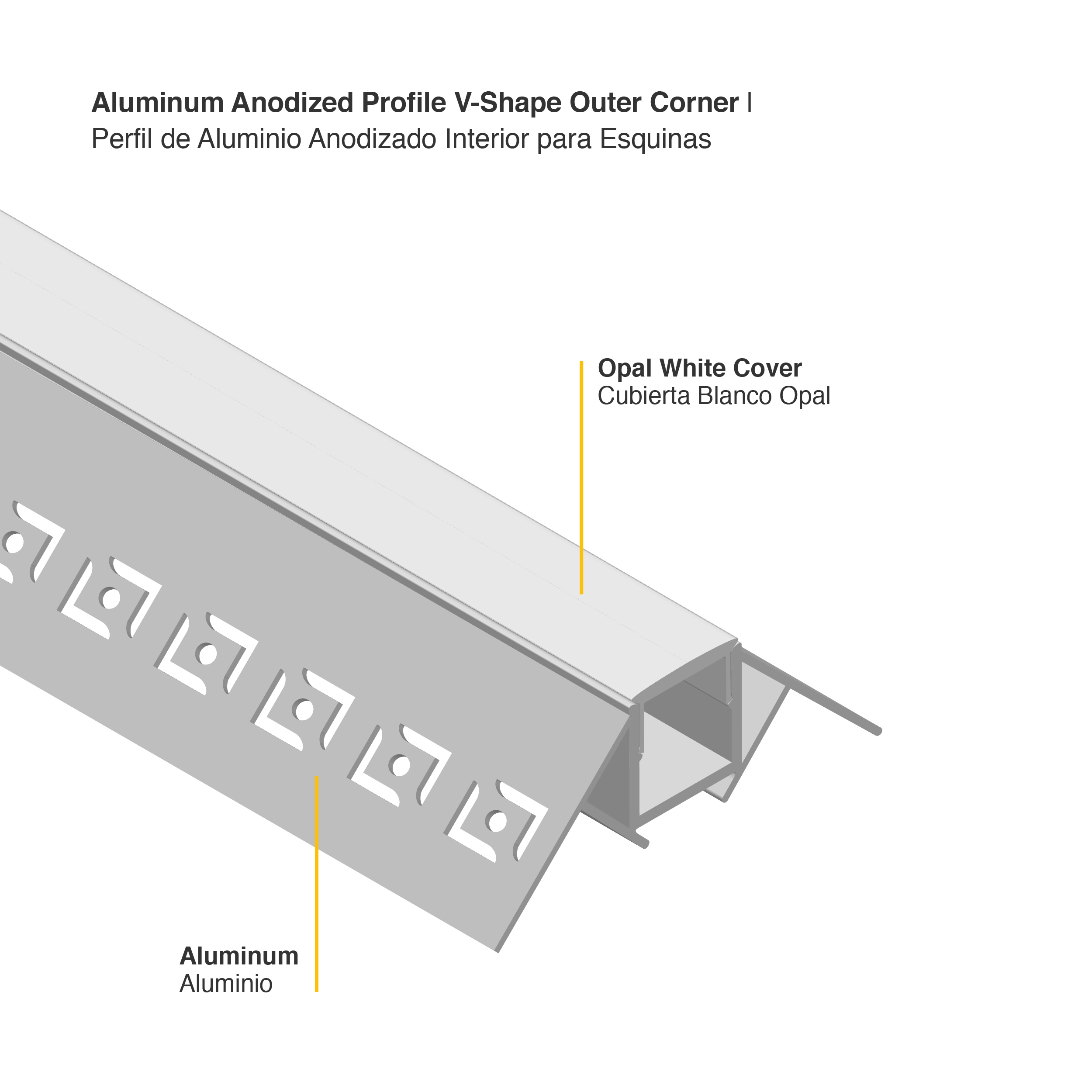 Perfil de Aluminio Esquina Exterior de Embutir 50x22mm Anodizado, Cover Opal Blanco x2m