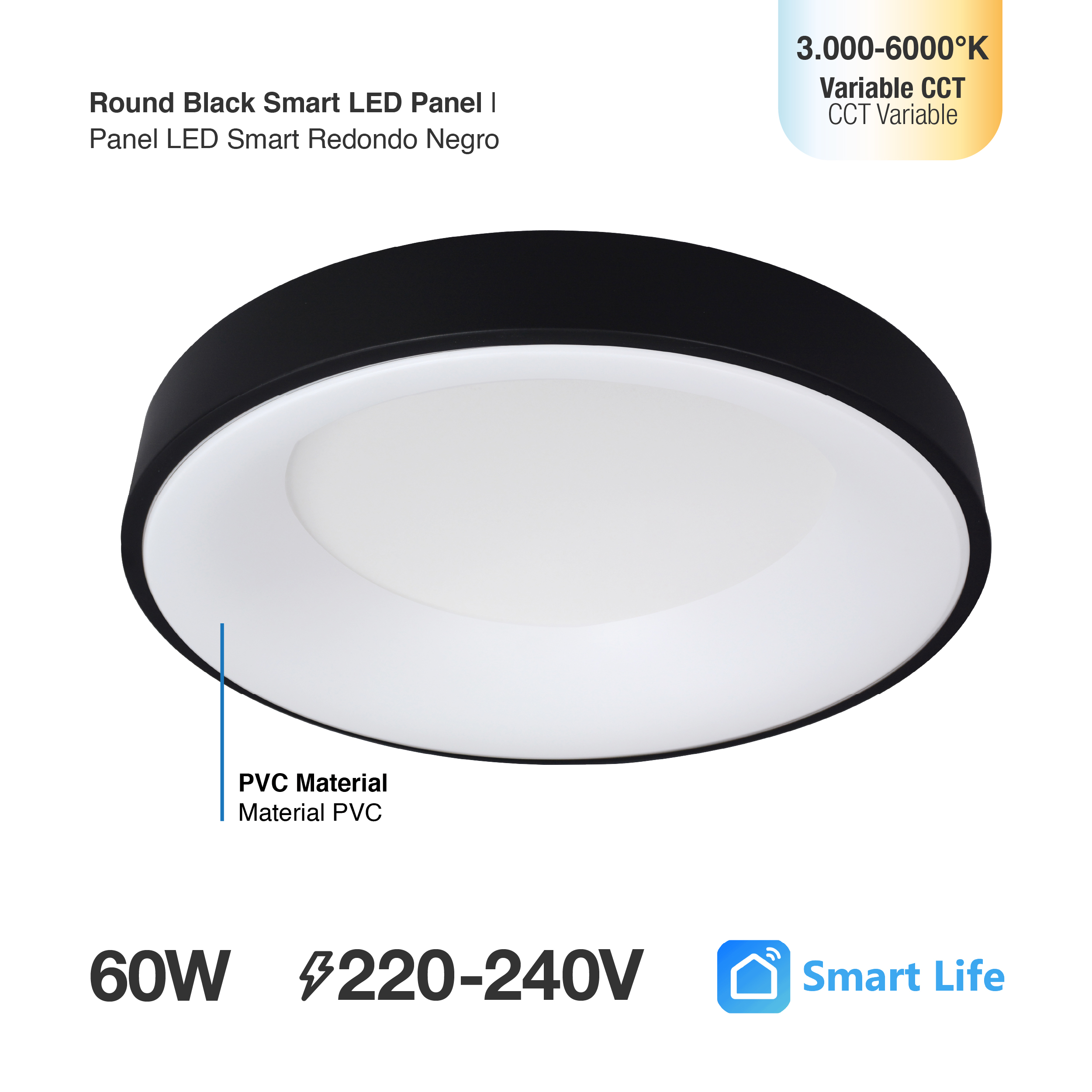 Panel LED Smart Redondo Negro Ø60x9cm 60W 270mA CCT, de Aplicar
