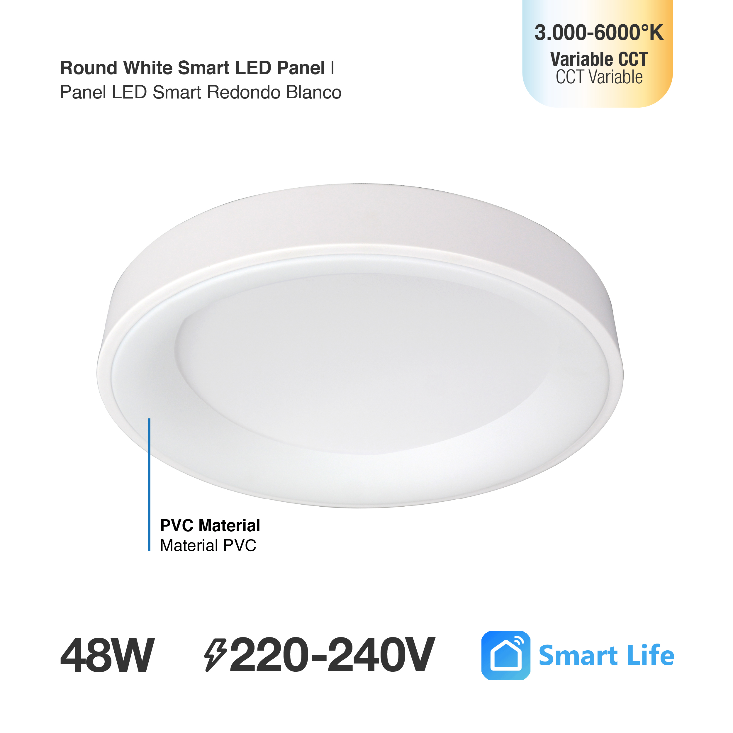 Panel LED Smart Redondo Blanco Ø48x9cm 48W 210mA CCT, de Aplicar