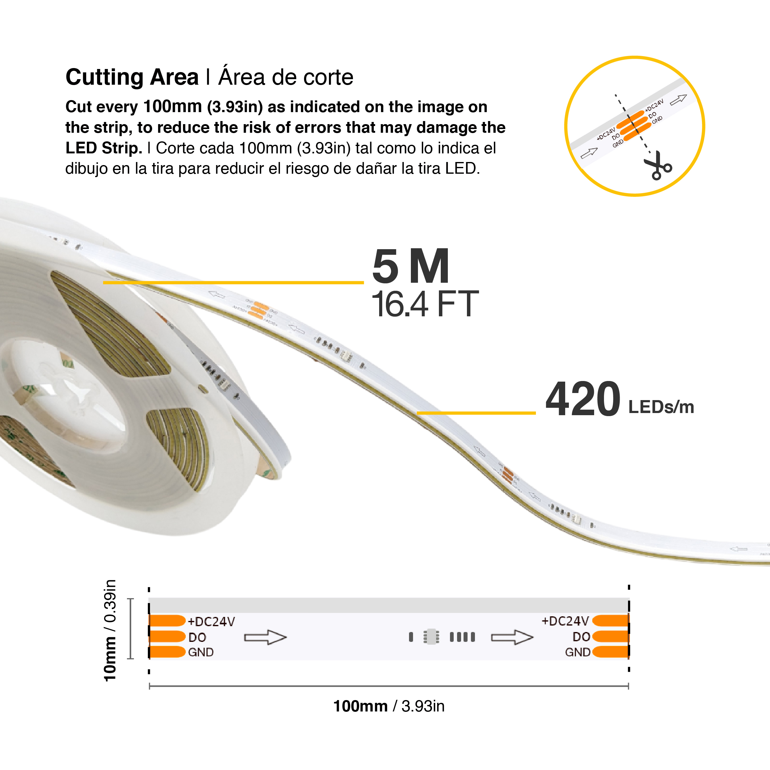 Tira LED COB Programable IC Pixel 24V 11W/m Blanco Cálido 420LEDs/m, 10mm PCB x5m