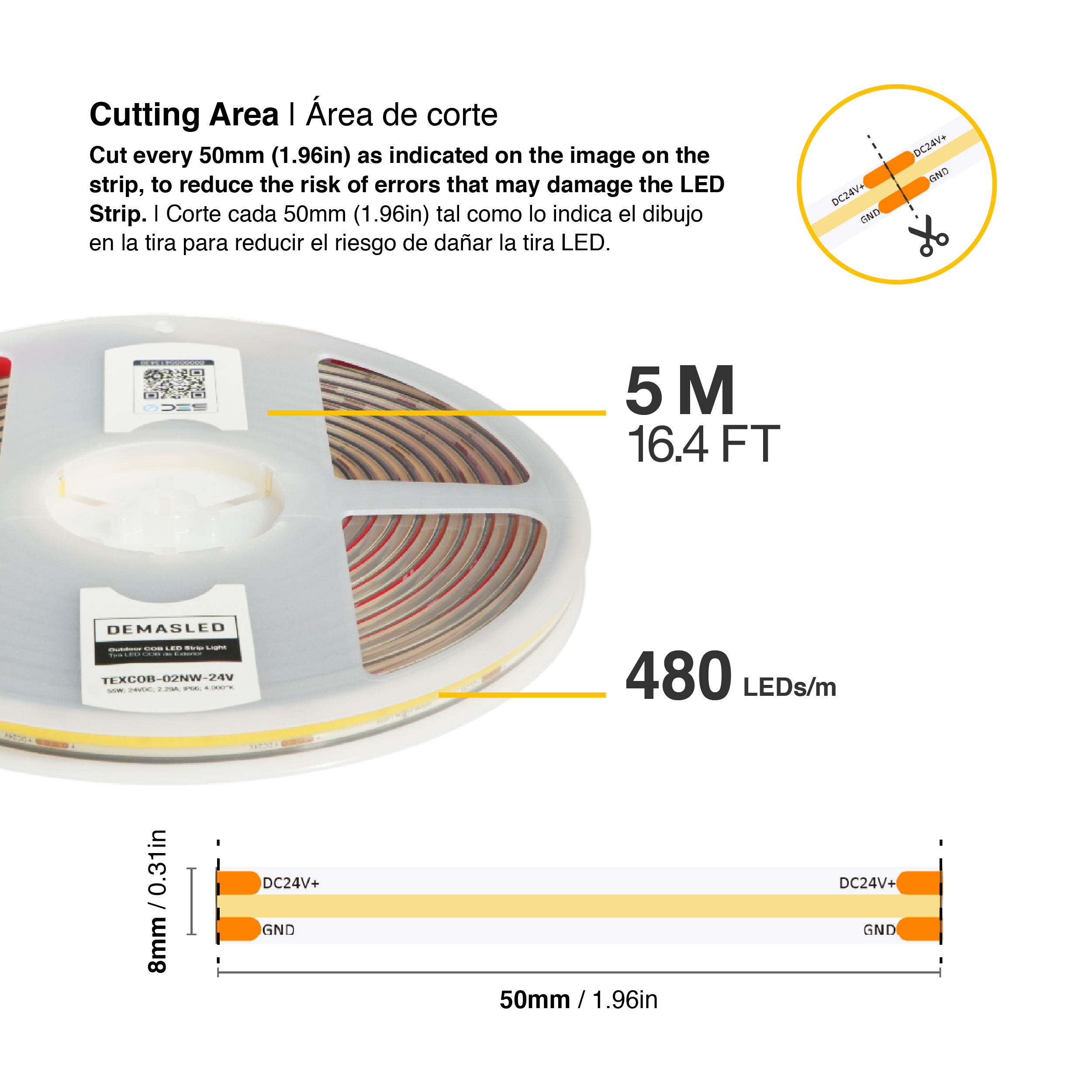 Tira LED COB 24V 11W/m Blanco Neutro 1012lm/m 480 LEDs/m 11mm IP68, 5m
