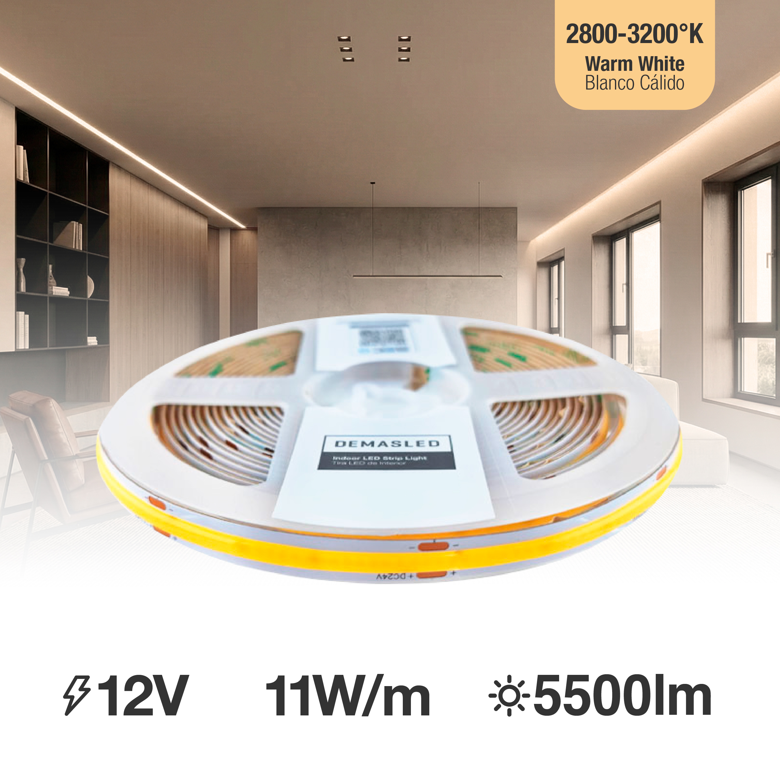 Tira LED COB 12V 11W/m, Blanco Cálido 1000lm/m 480LEDs/m, 8mm, 5m