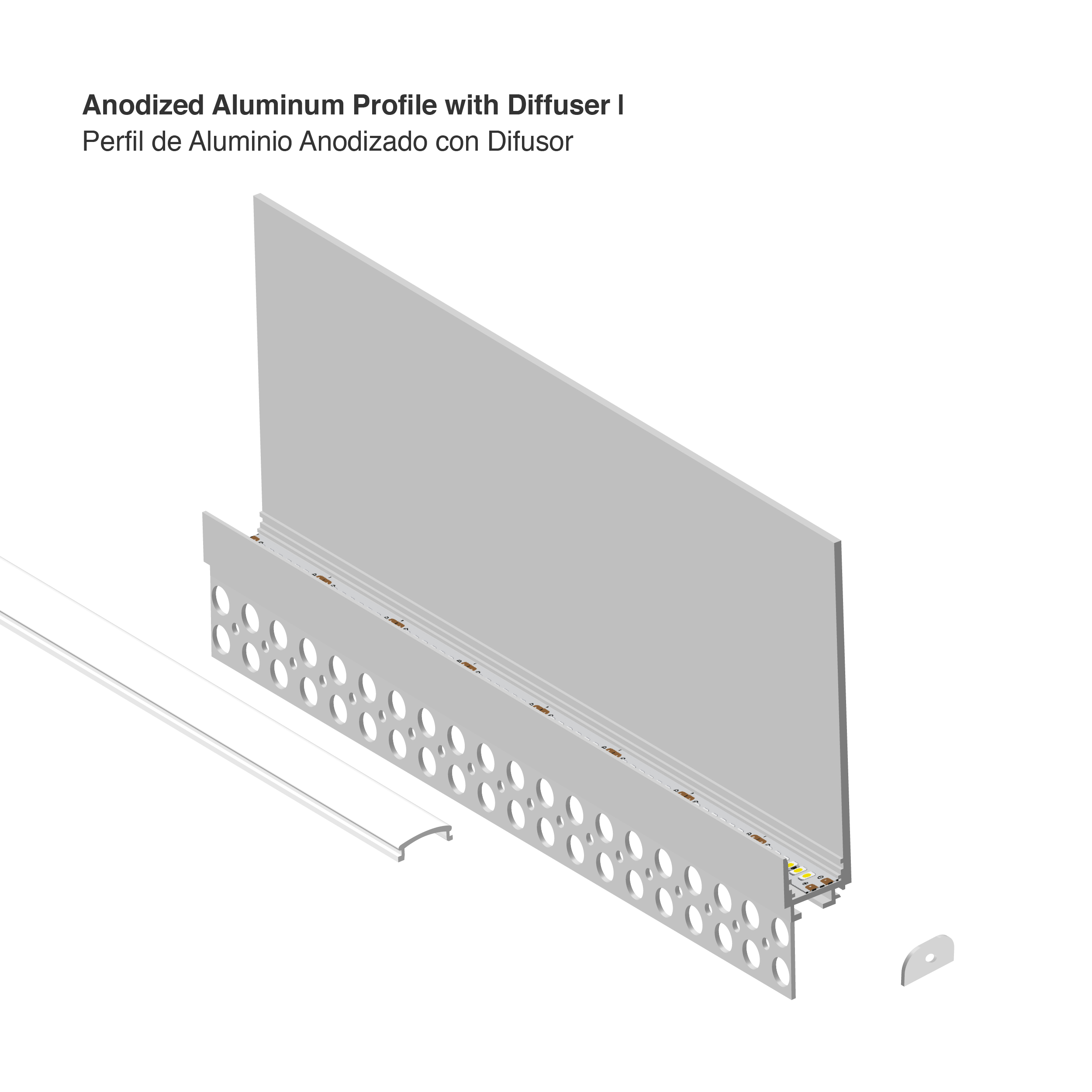 Perfil de Aluminio con Ala para Embutir, Anodizado Difusor 120x19mm, con Cover Opal Blanco x2.5m 